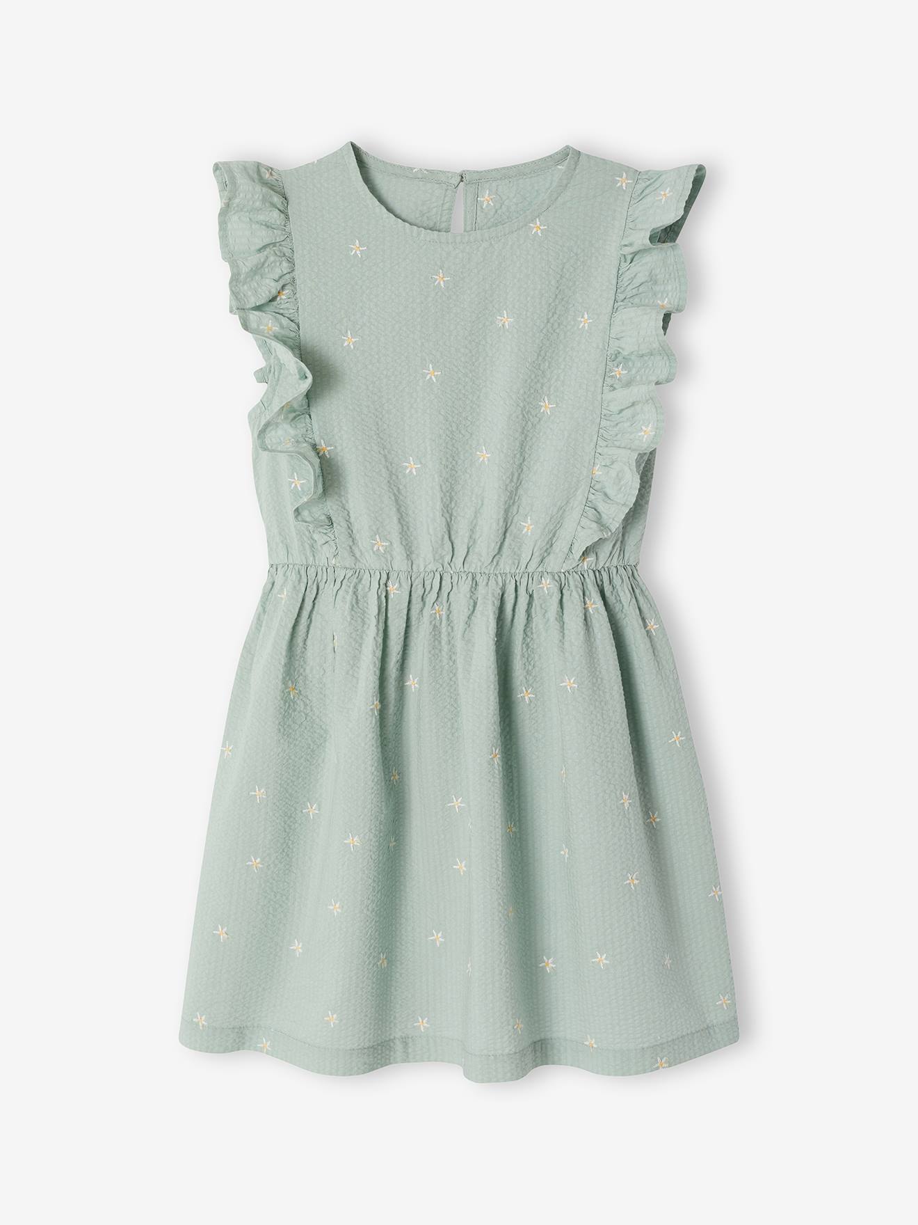 Robe fille en seersucker manches volantées vert sauge