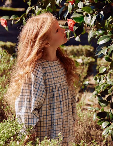 Robe en coton à carreaux et manches bouffantes  - vertbaudet enfant