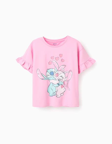 Fille-T-shirt, sous-pull-T-shirt-T-shirt en coton à imprimé stitch et angel et volants
