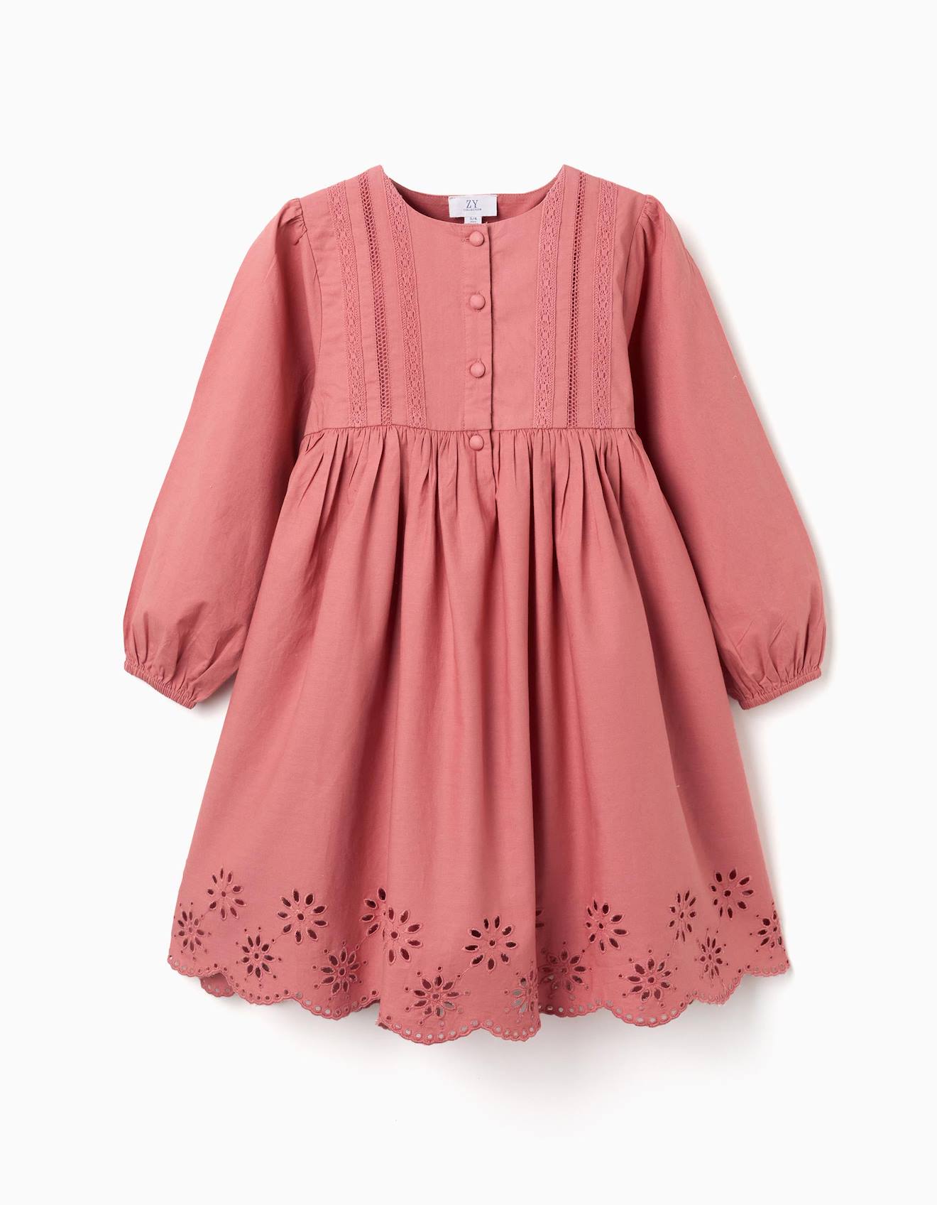 Robe en popeline à manches longues et broderie anglaise rose