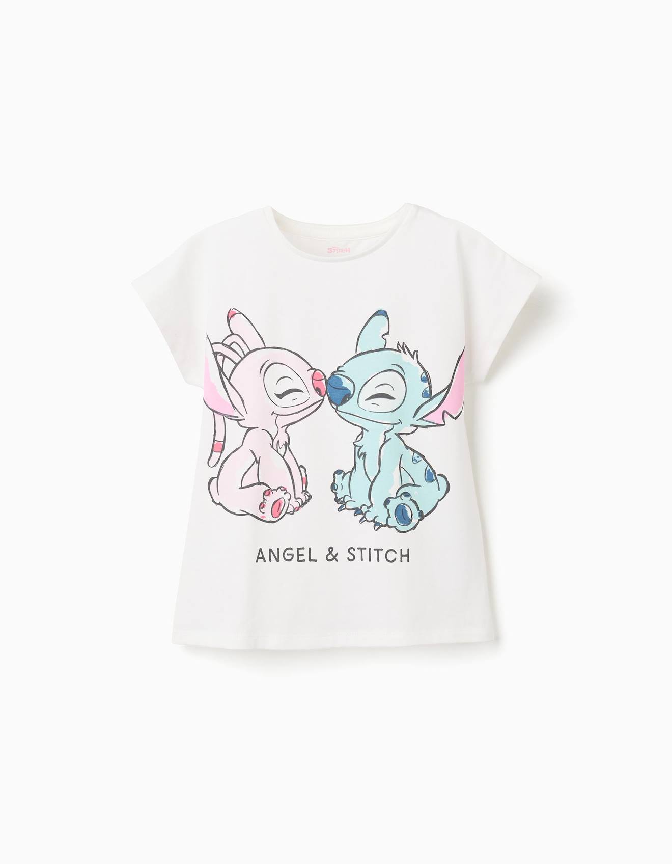T-shirt En Coton Avec Imprimé Stitch Et Angel Blanc