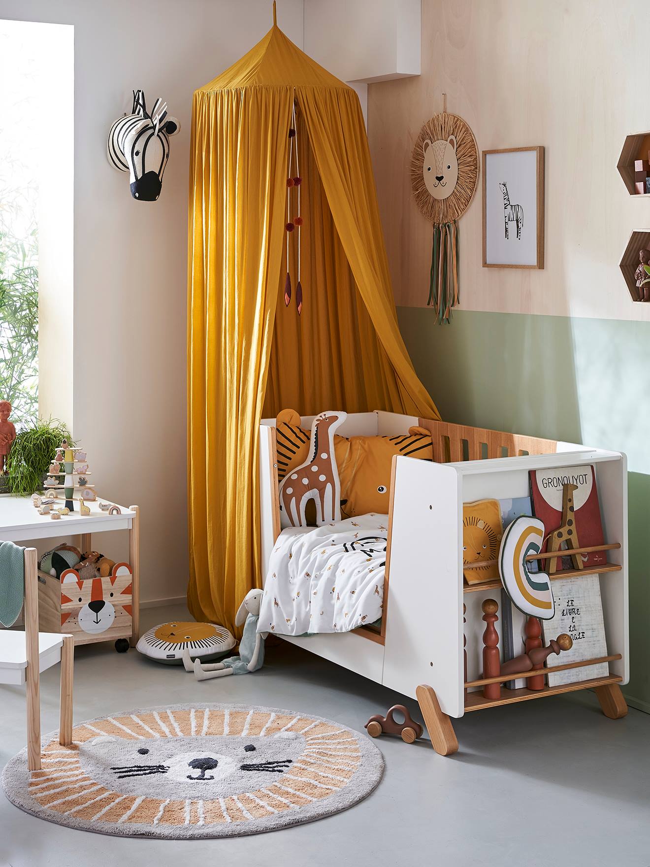 Lit bébé avec barrière amovible + rangement bibliothèque LIGNE PIROUETTE blanc (Vertbaudet) - Image 2