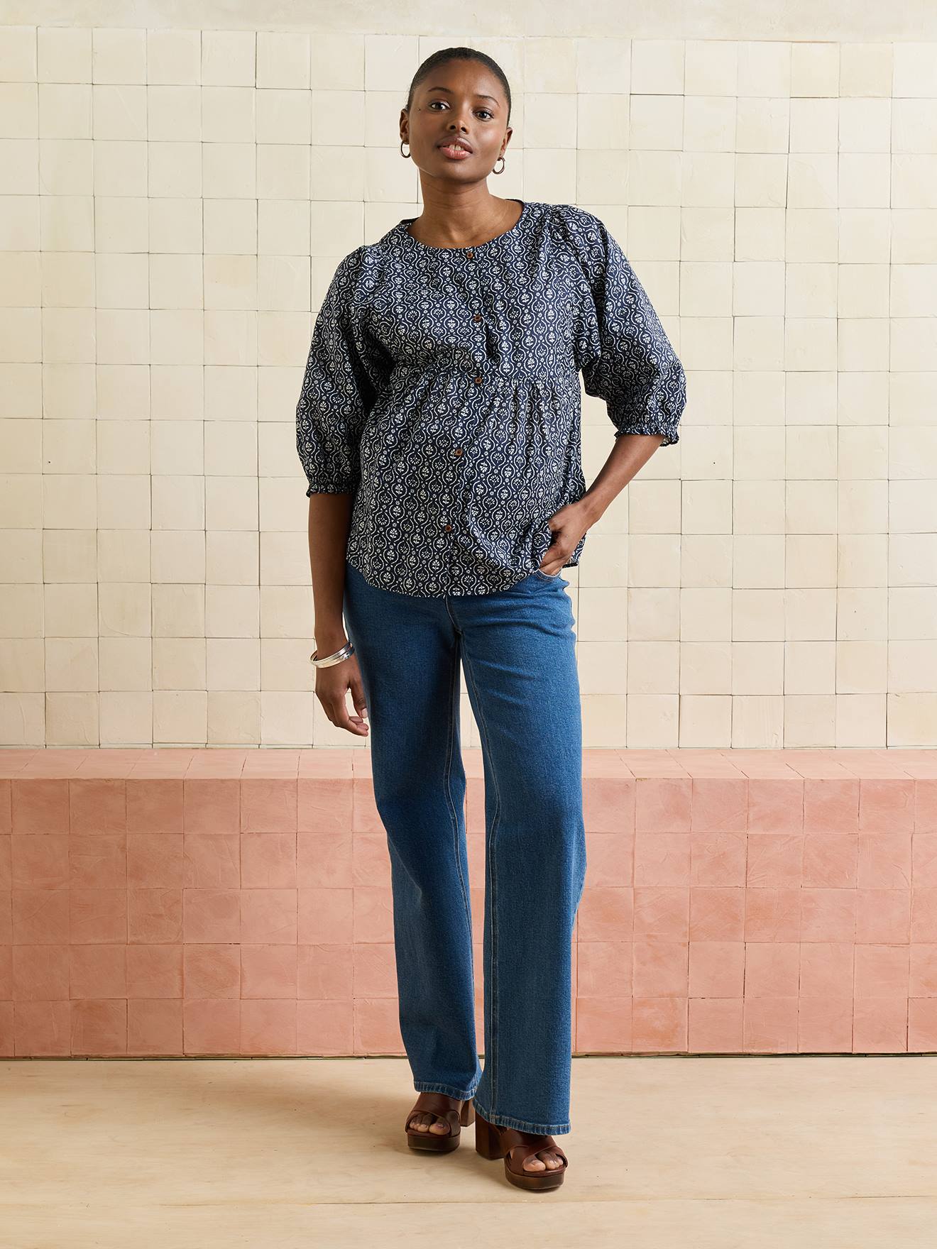 Blouse d'allaitement manches ballons marine