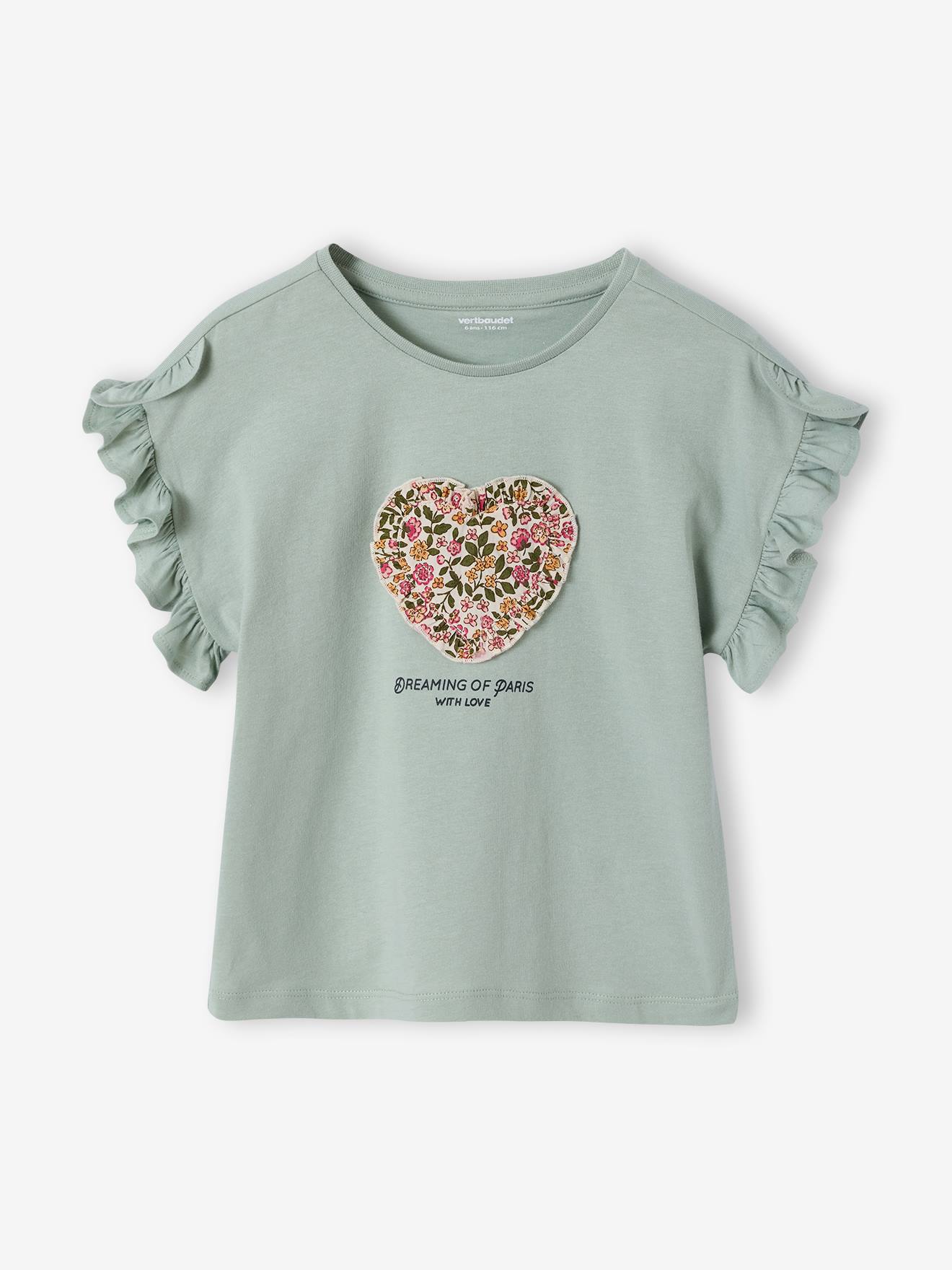 Tee-shirt fille motif romantique manches courtes à volant vert sauge