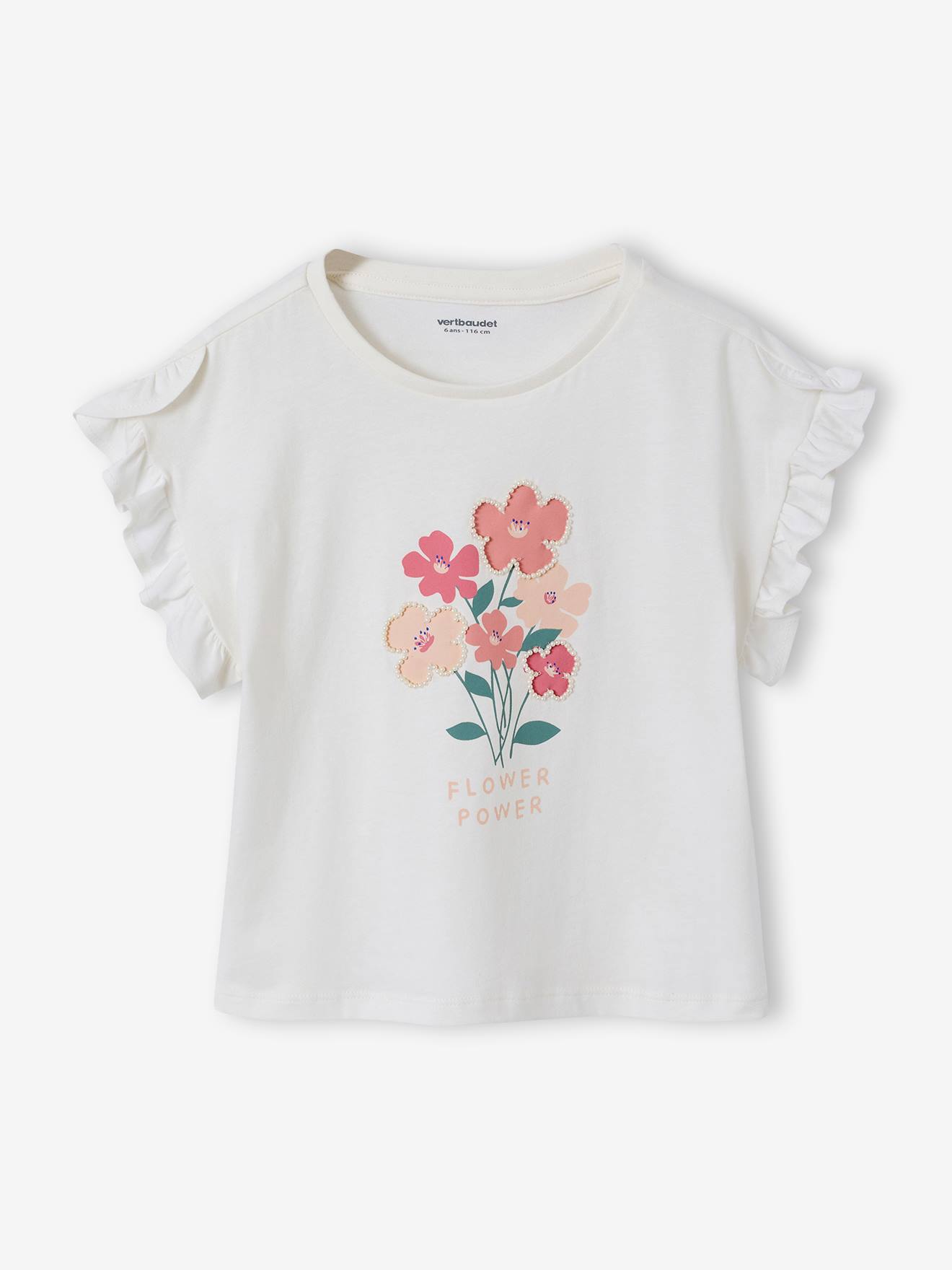 Tee-shirt fille motif romantique manches courtes à volant écru