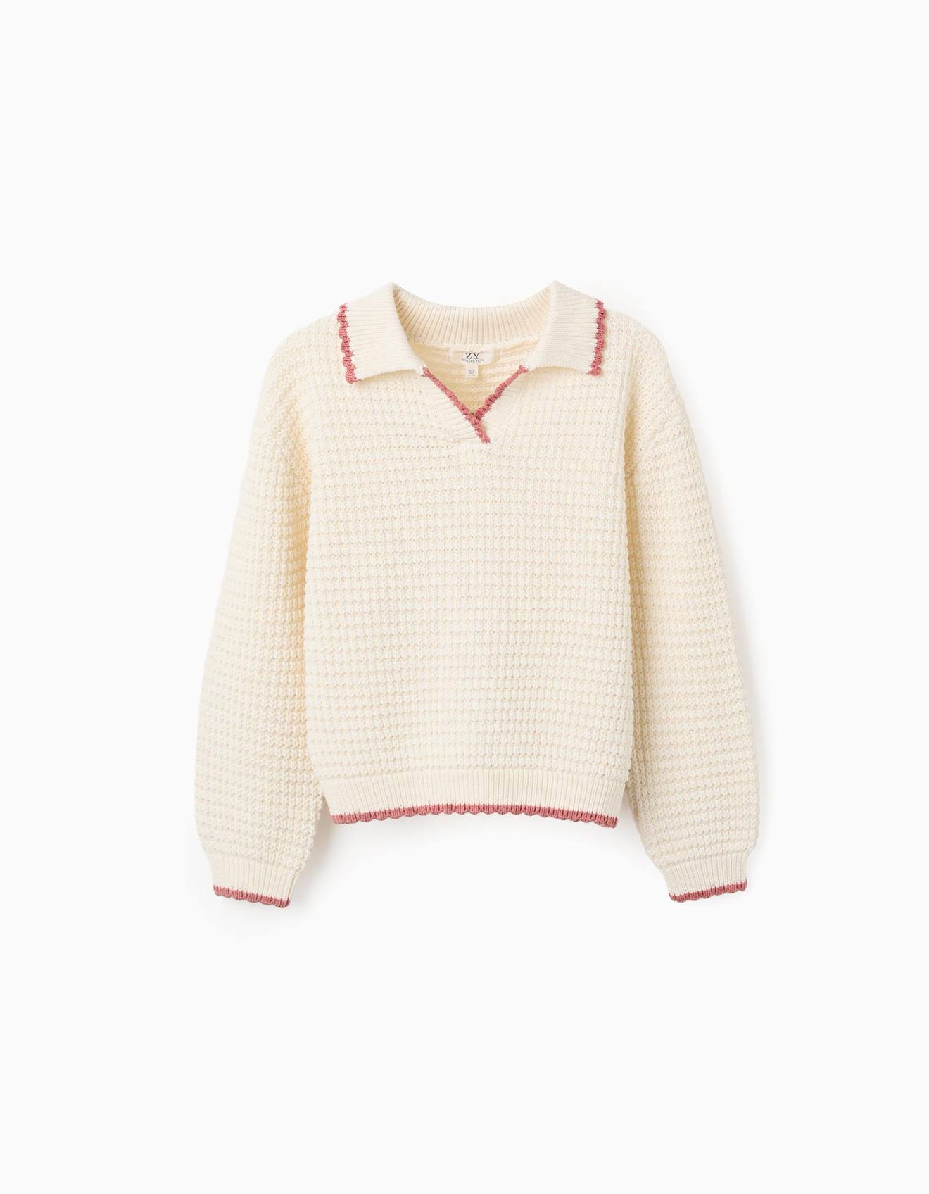 Pull En Maille De Coton Col De Style Polo Blanc 18 €