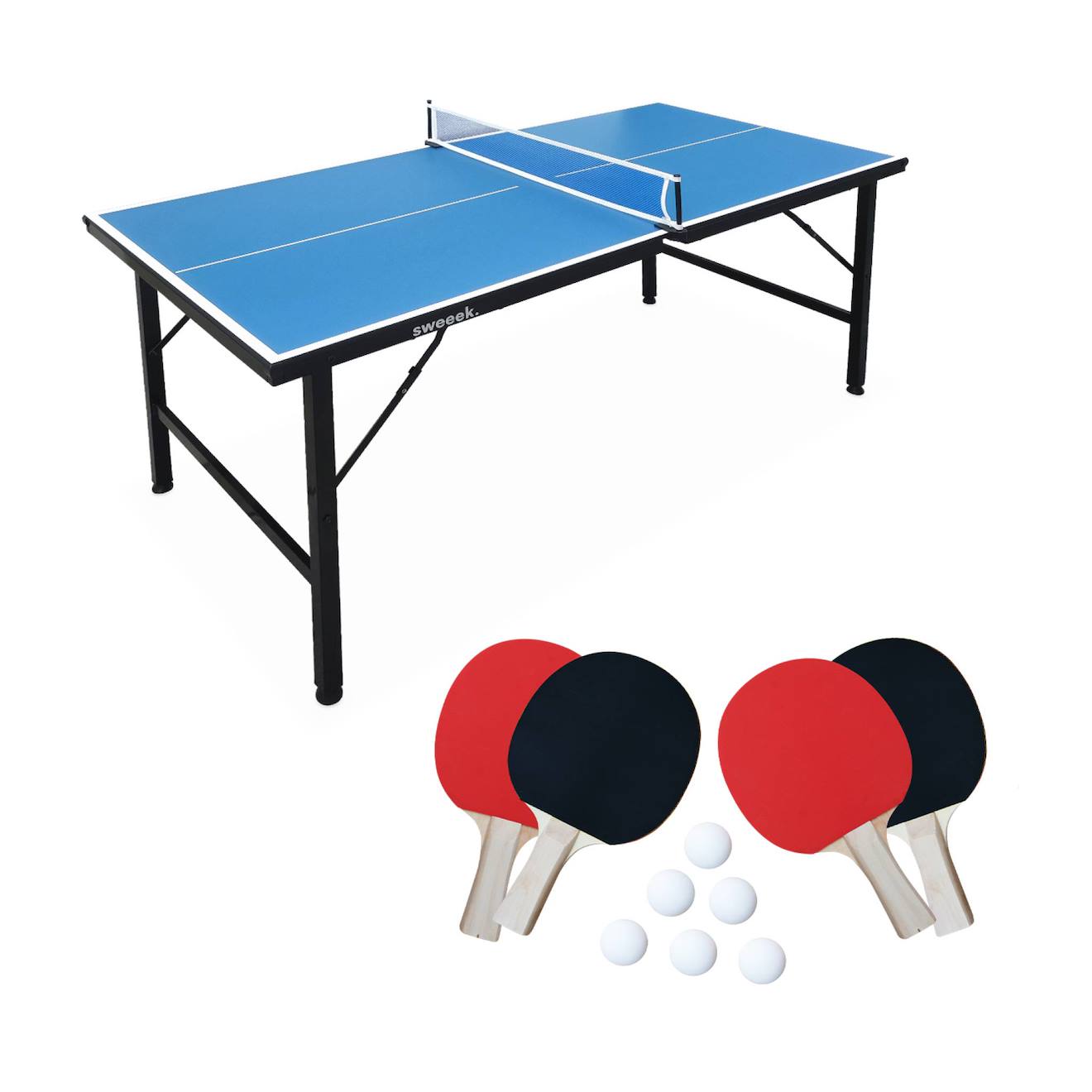 Mini Table De Ping Pong Pliable 150x75cm Indoor, Avec 4 Raquettes Et 6 Balles, Pour Utilisation Intérieure Bleu