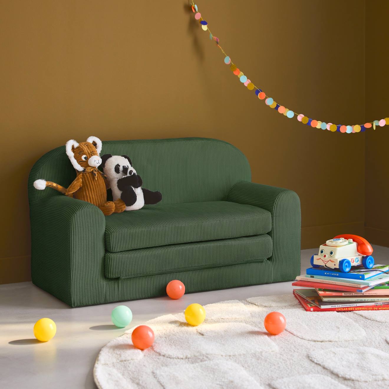 Canapé Lit Enfant En Velours Côtelé Dépliable, L 90 X P 43 X H 51,5 Cm Kaki