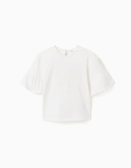Fille-T-shirt, sous-pull-T-shirt-T-shirt en coton à volants et nœud brodé