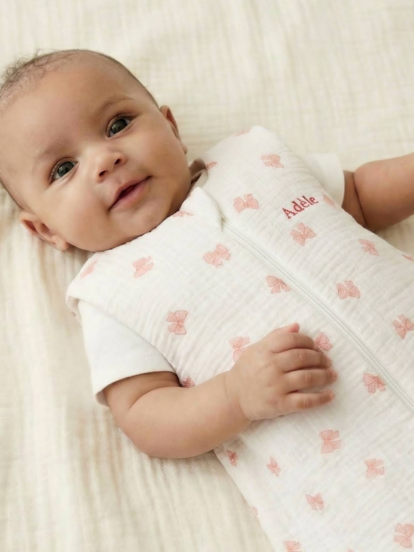 Gigoteuse été ouverture centrale personnalisable gaze de coton NOEUDS blanc imprimé