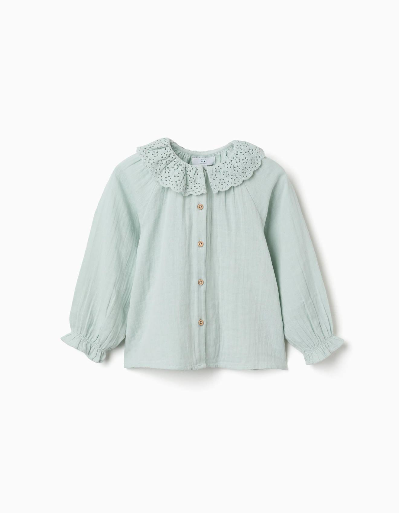 Chemise En Coton Broderie Anglaise Et Volants Bleu Clair 14 €