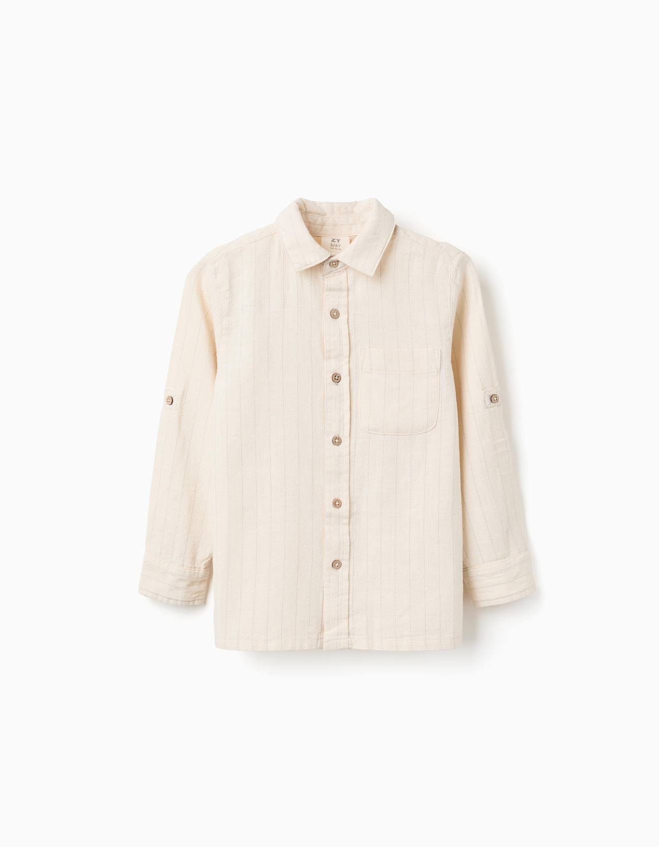 Chemise en lin à manches longues et rayures beige