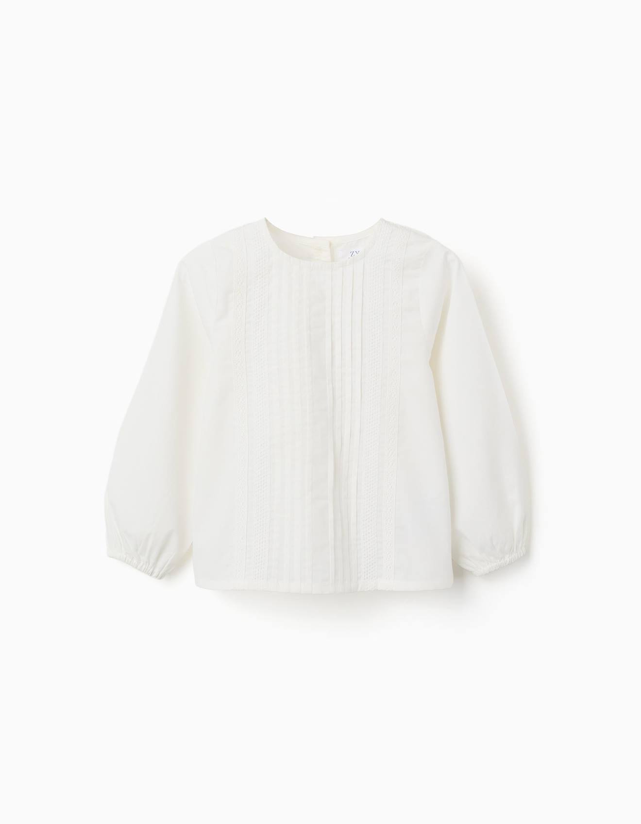 Blouse en popeline à manches longues et plis blanc