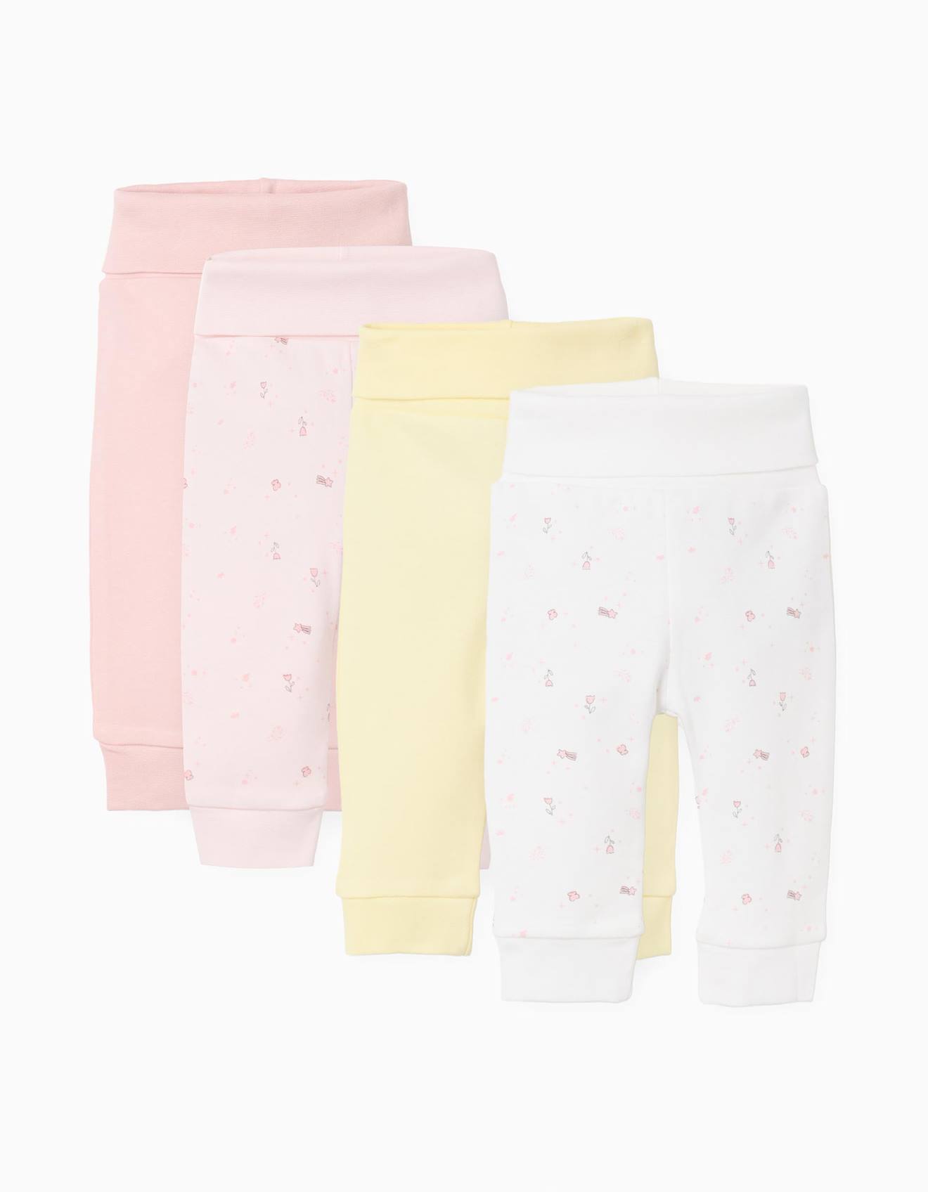 Lot de 4 pantalons en coton unis/à fleurs multicolore