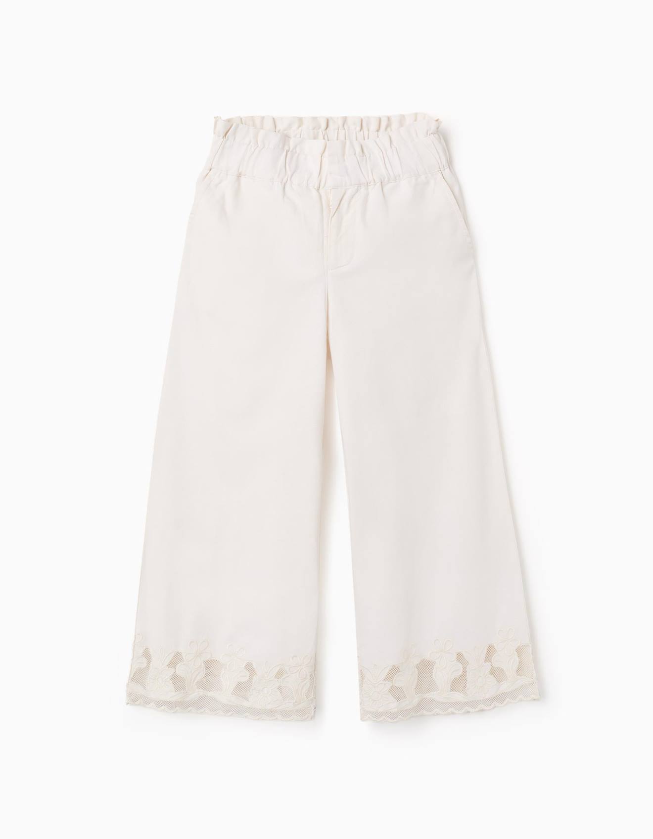 Pantalon en coton à jambe large avec fleurs brodées blanc