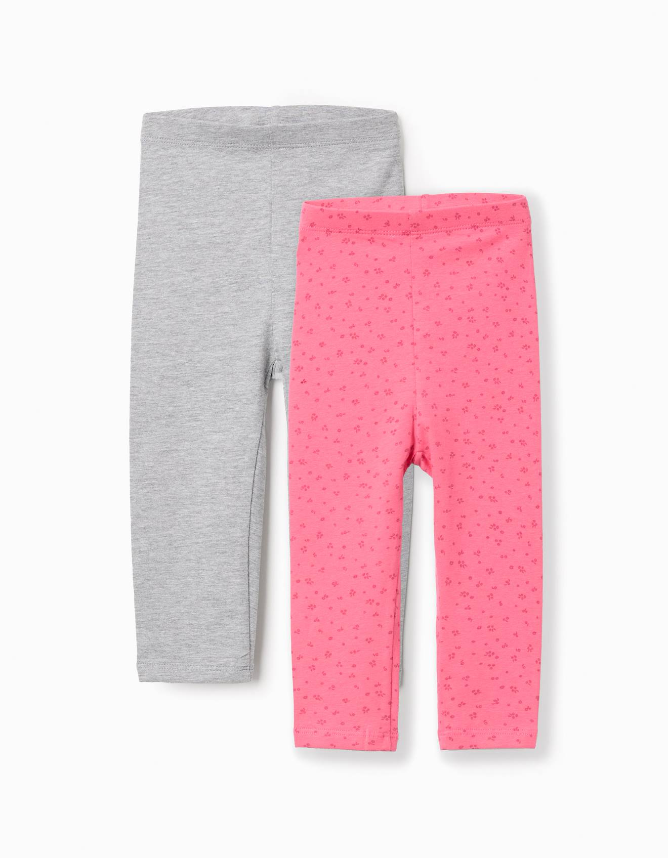 Lot De 2 Leggings En Coton Unis/à Fleurs Rose
