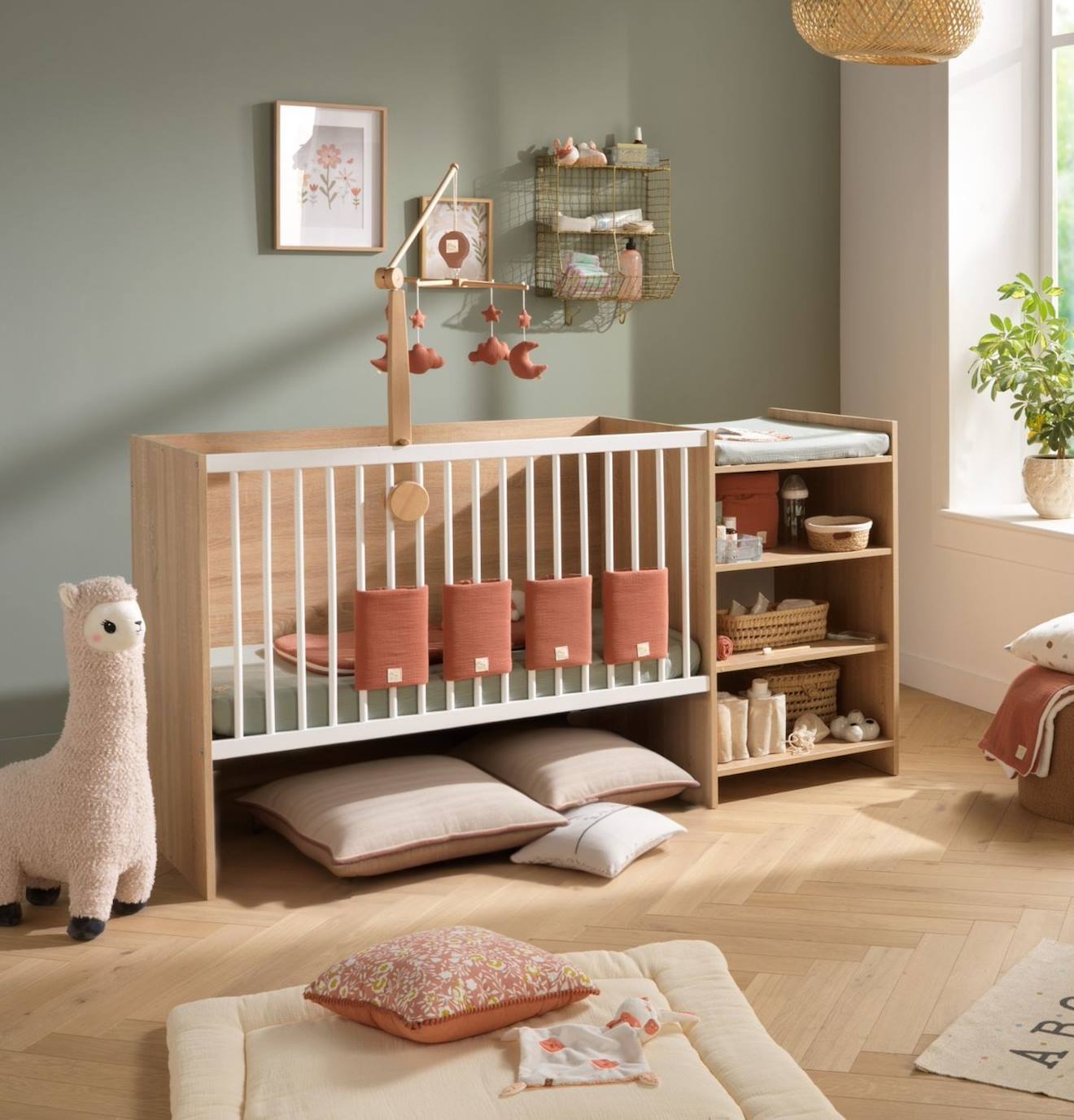 Lit Combiné Évolutif En Décor Bois Avec Commode À Langer Étagère - Up Marron