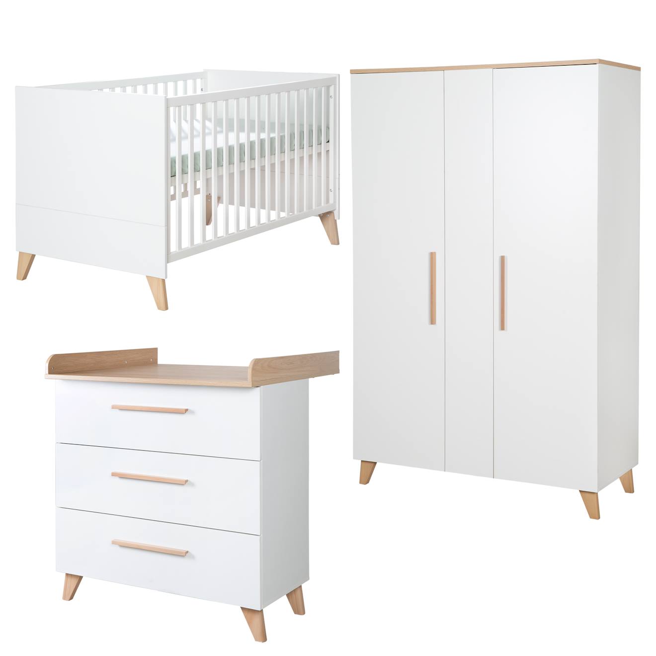 Chambre Bébé 3 Pièces - Lit Évolutif + Commode À Langer Et Armoire Leon Blanc - Chêne Othello