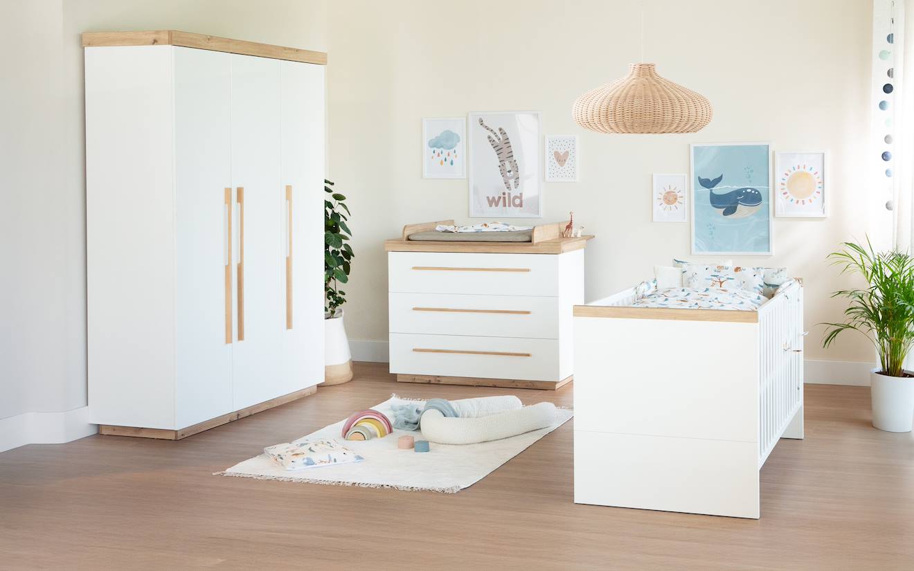Chambre Bébé Complète - Lit Évolutif + Commode À Langer Et Armoire Lumo Blanc - Chêne Artisan — photo 1/4