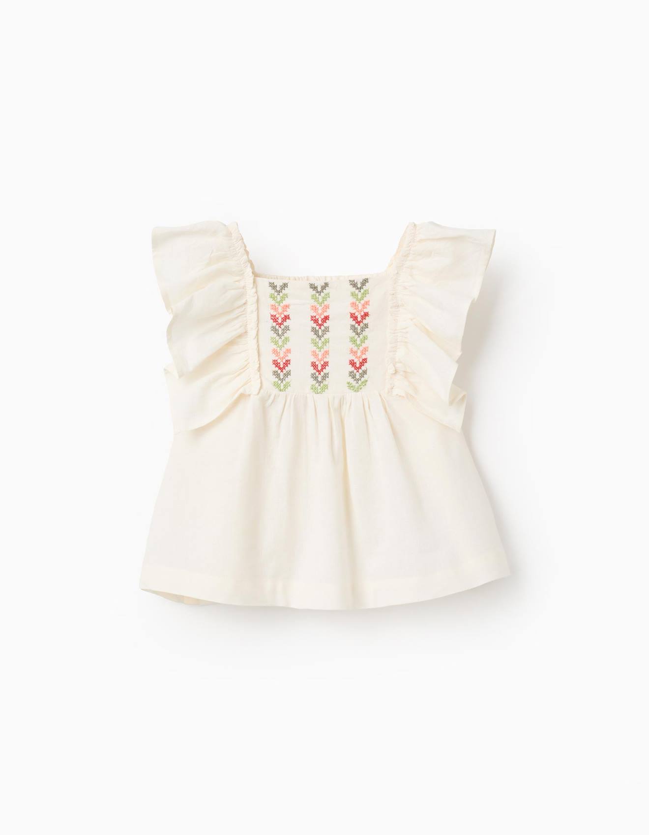 Blouse à manches volantées et broderie beige