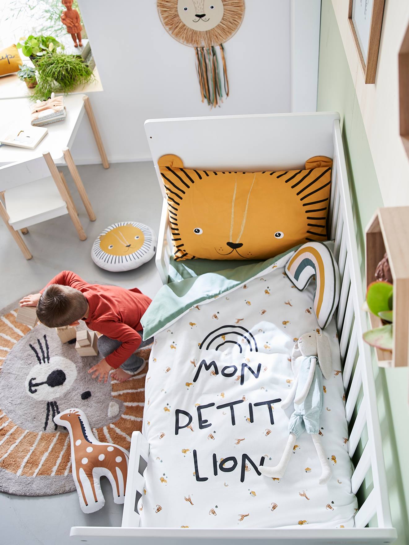 Housse de couette bébé MON PETIT LION ivoire imprimé / vert (Vertbaudet) - Image 1