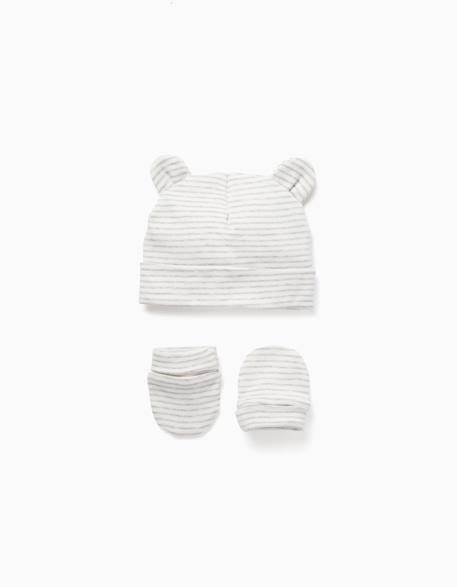 Bébé-Accessoires-Bonnet + gants en coton à rayures