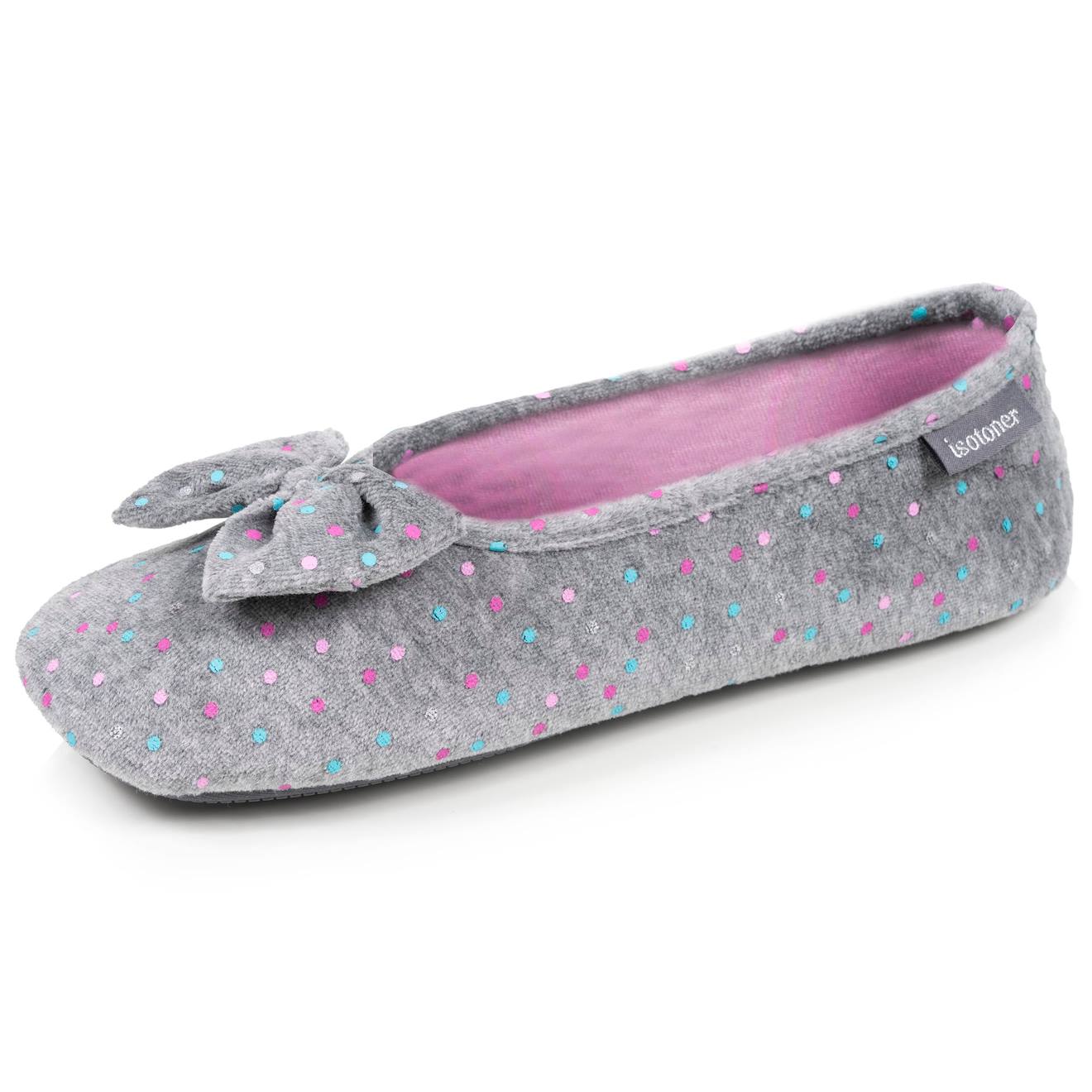 Chaussons Ballerines Microvelours Semelle Ultra Souple Mousse À Mémoire Forme Pois Gris