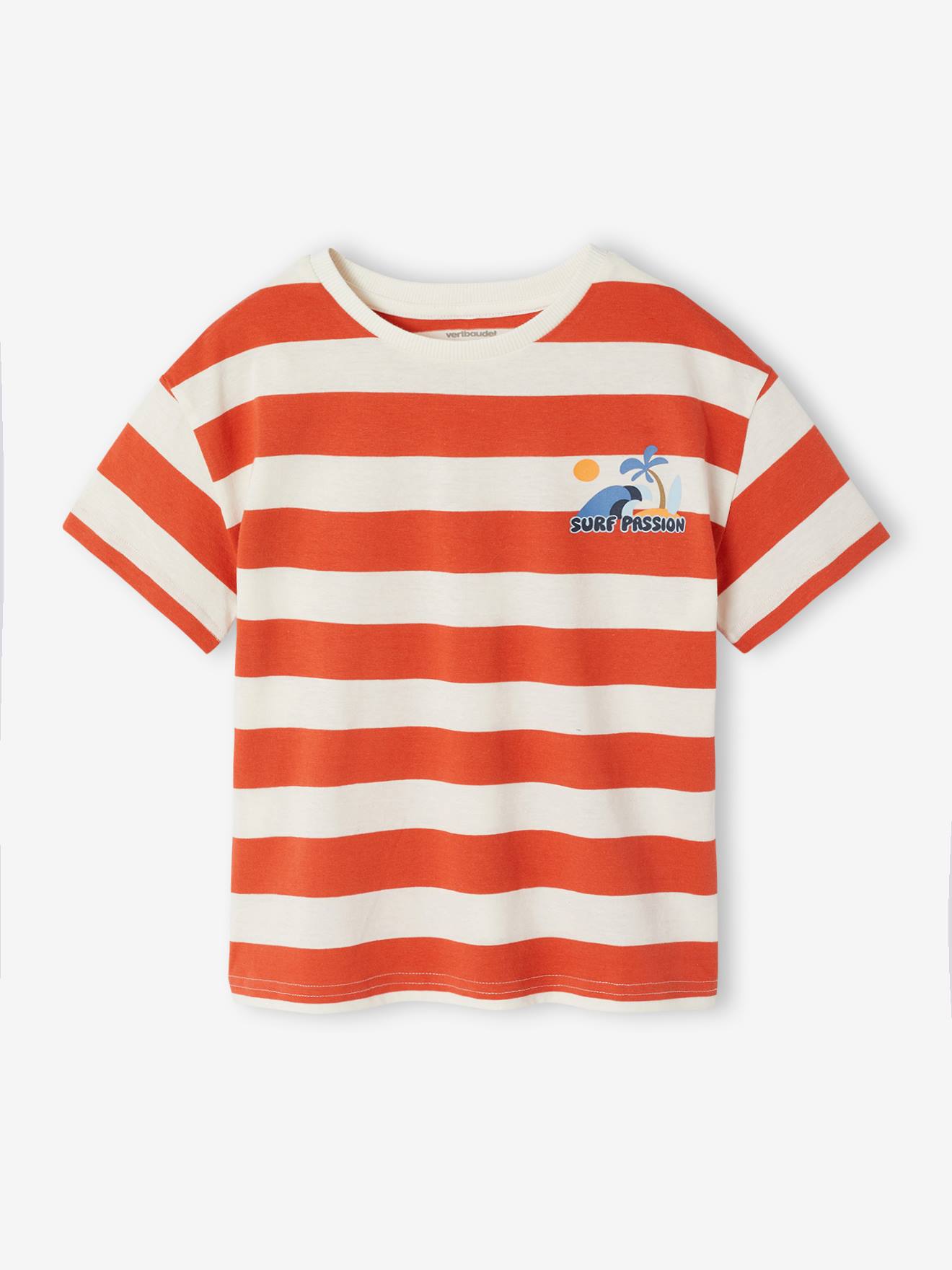 Tee-shirt garçon larges rayures motif poitrine orange