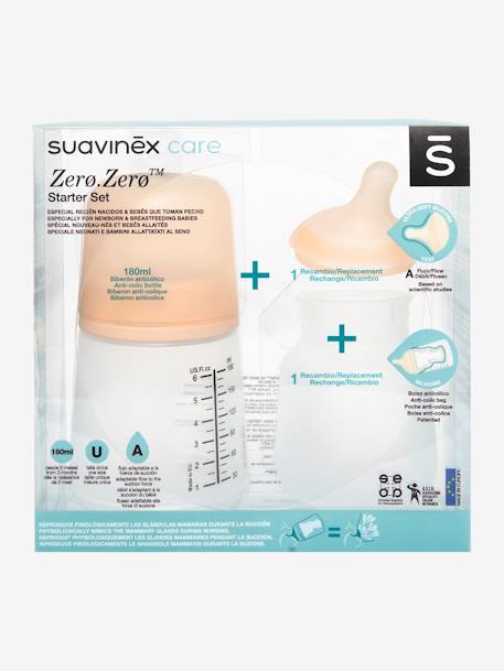 Suavinex - Starter Set Biberon Zero.Zero 180ml rose clair uni avec decor