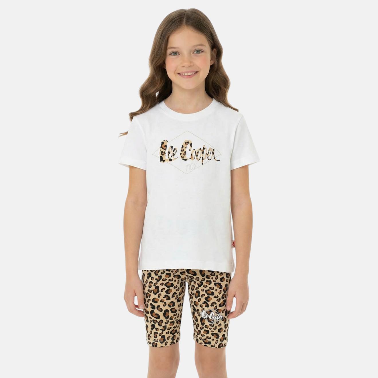 Ensemble fille - t-shirt manches courtes et short motif léopard blanc