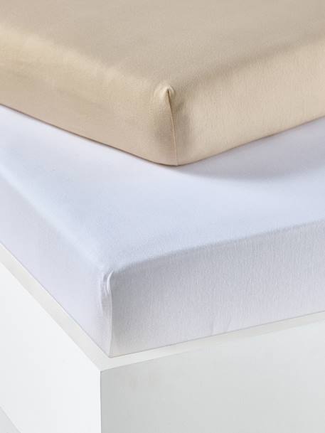 Lot de 2 draps-housses bébé en jersey extensible beige+blanc+bleu vert + blanc+gris + blanc+jaune curry+moutarde+rose pâle + blanc+vert sauge 1 - vertbaudet enfant 