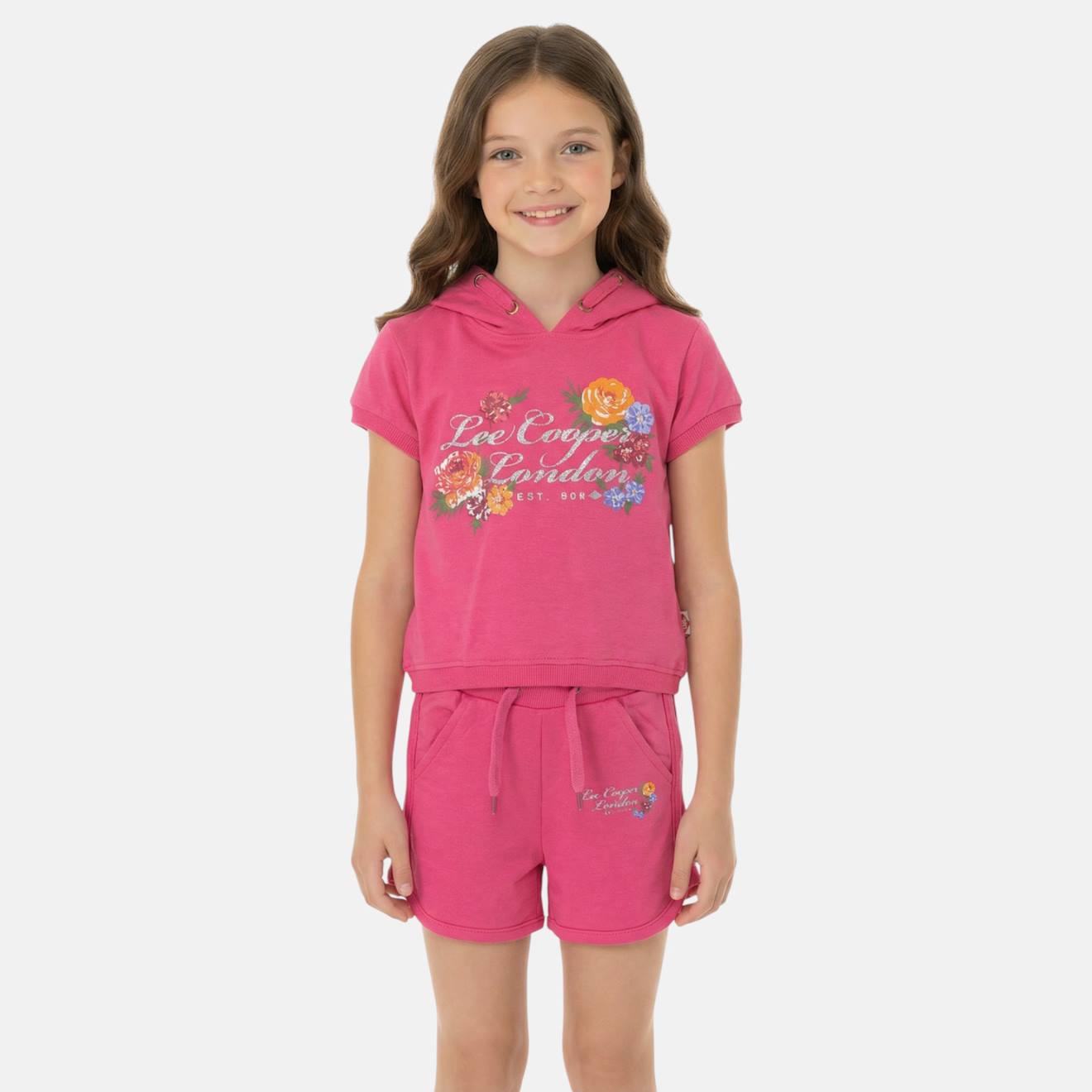 Ensemble Fille T-shirt Manches Courtes À Capuche Et Short Rose