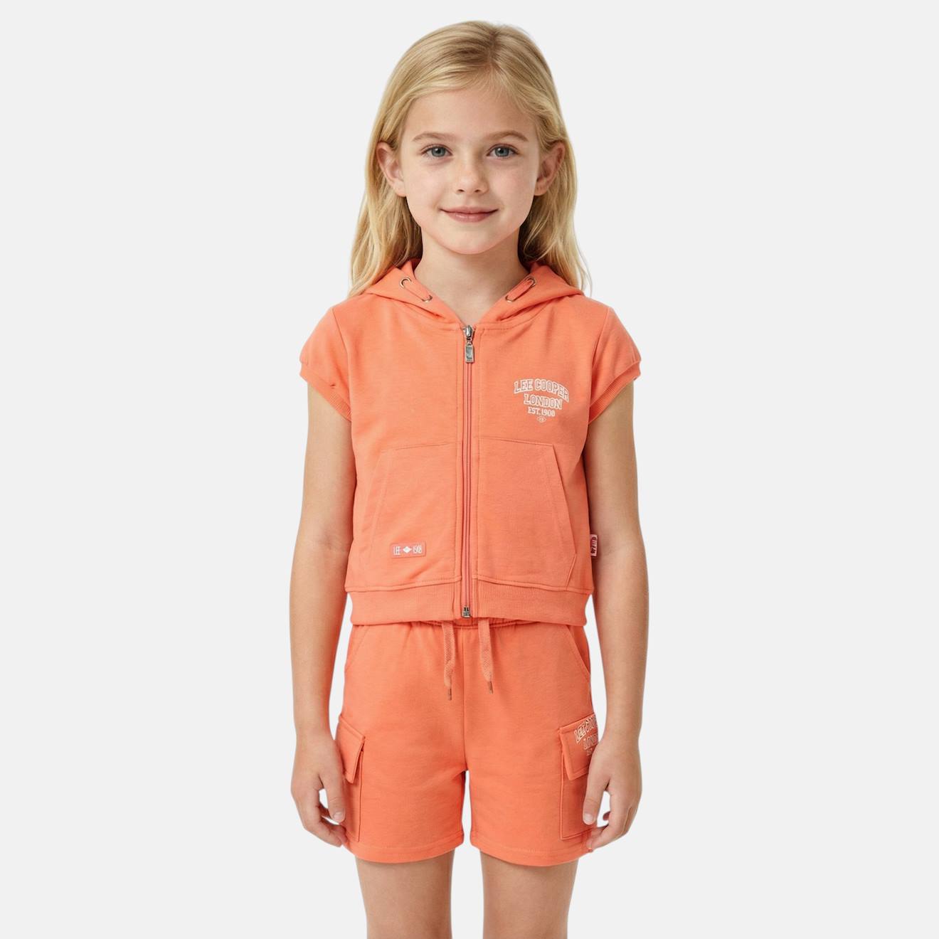Ensemble Fille T-shirt Manches Courtes Zippé À Capuche Et Short Orange