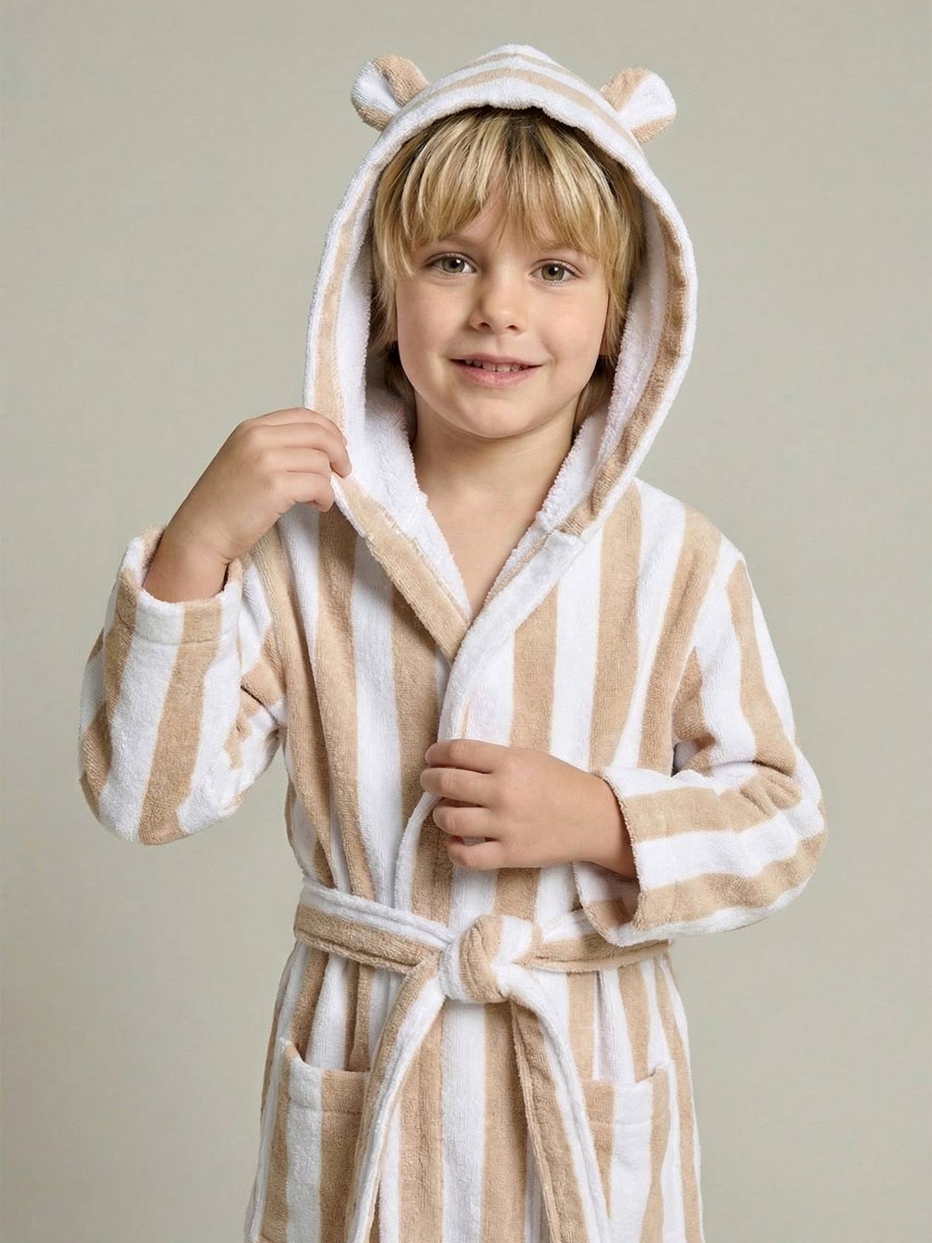Peignoir enfant rayé Ours personnalisable, avec coton recyclé rayé beige
