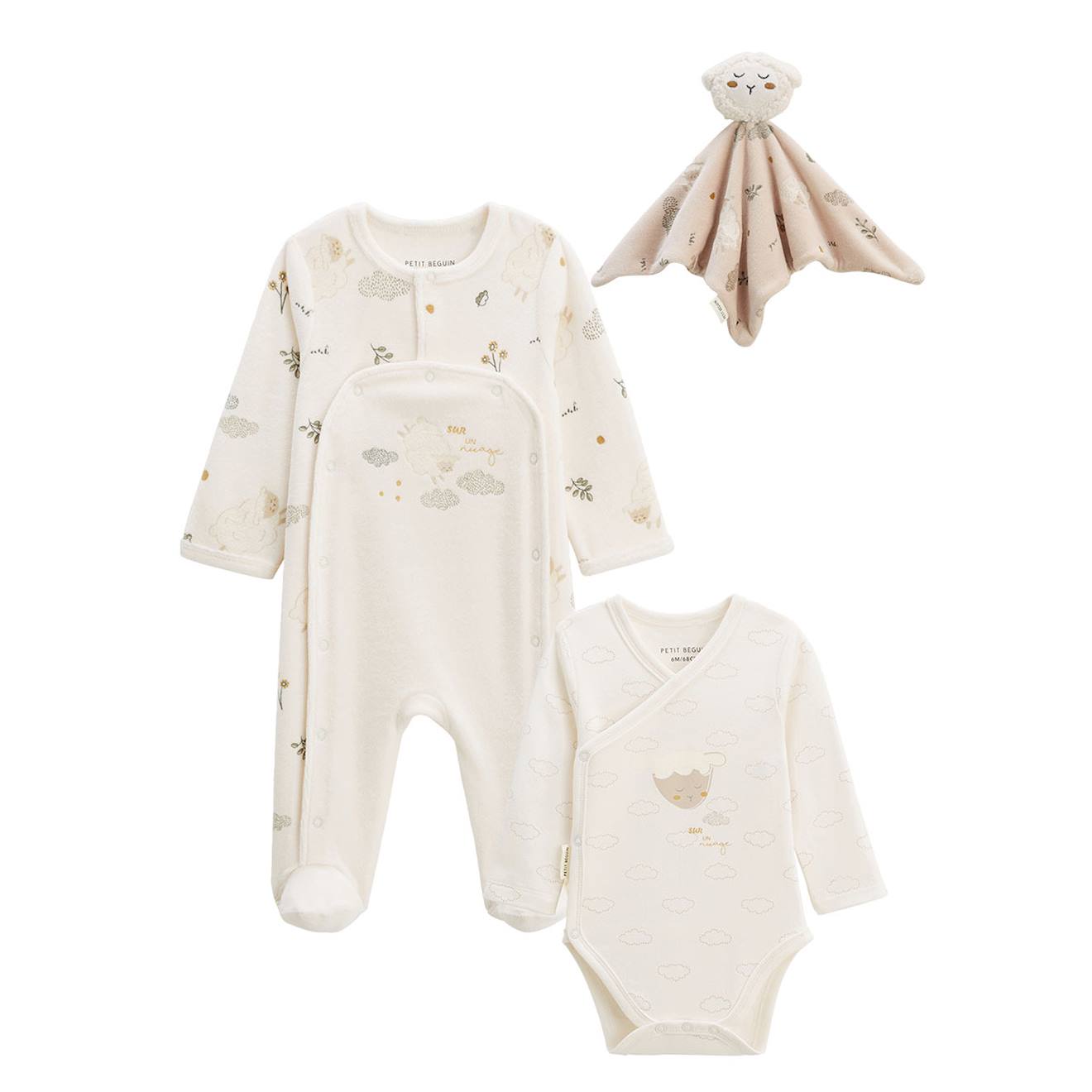Kit Naissance 3 Pièces Pyjama, Body Et Doudou Bébé Câlins Ecru (Petit Beguin) - Image 1