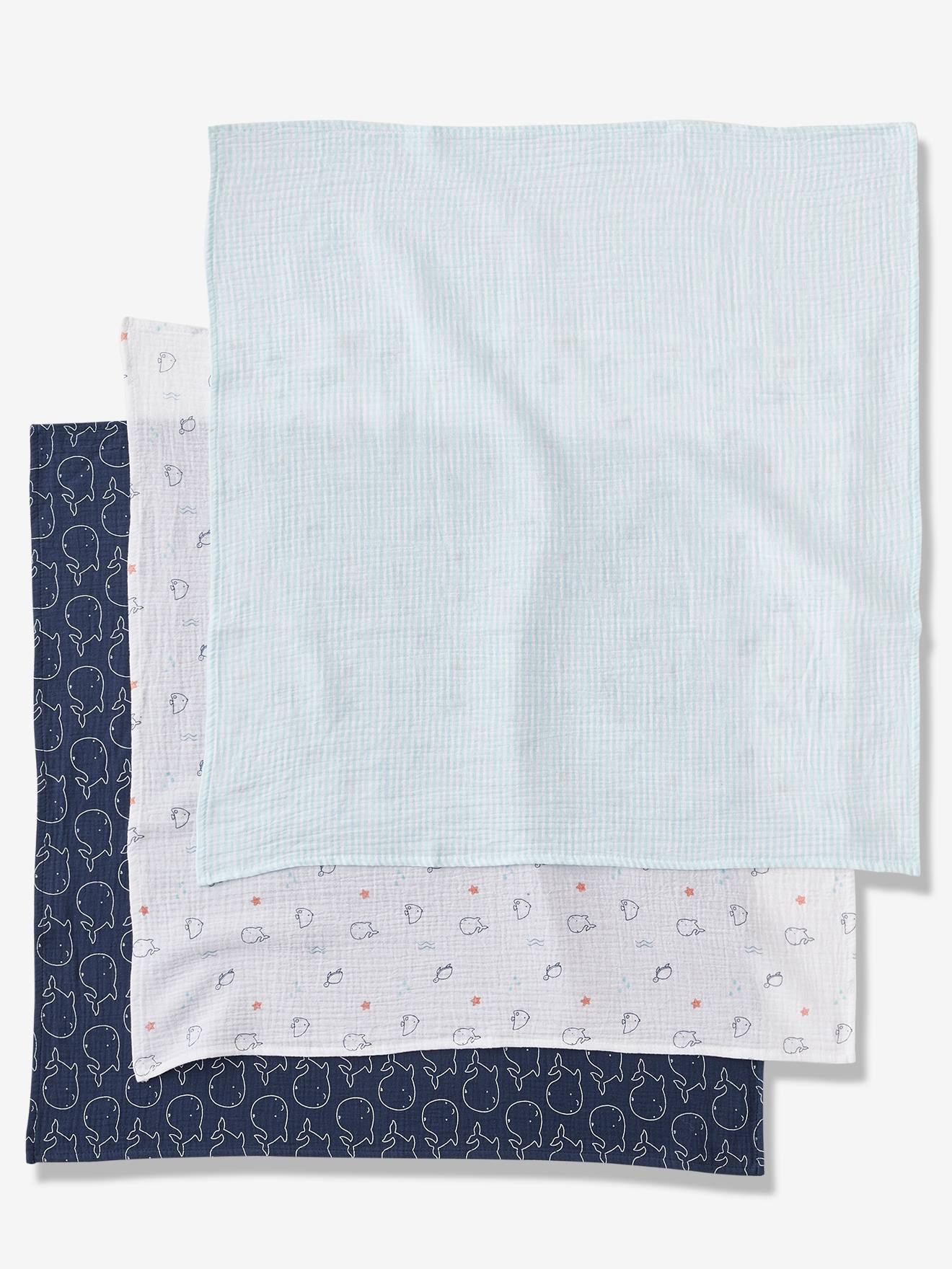 Les 3 langes en gaze de coton Eau salée bleu (Vertbaudet) - Image 1