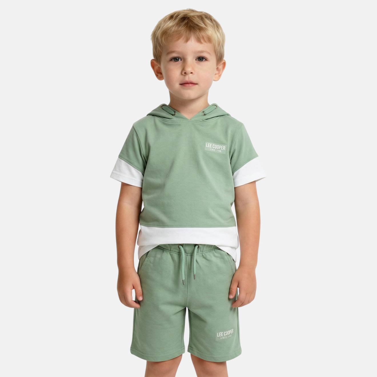 Ensemble garcon - sweat à capuche manches courtes et bermuda vert
