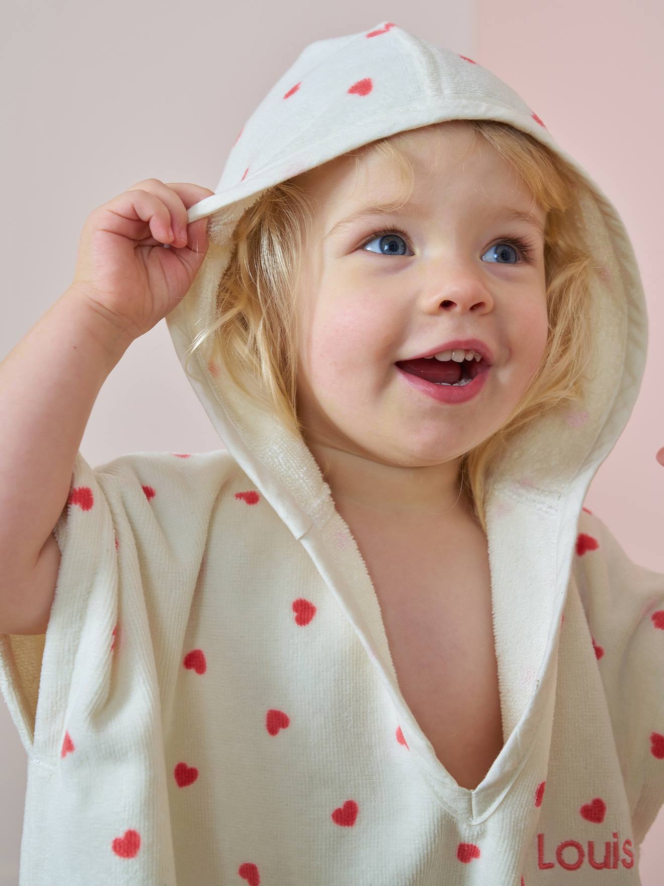 Poncho bébé coton recyclé personnalisable MON CŒUR rose imprimé (Vertbaudet) - Image 1
