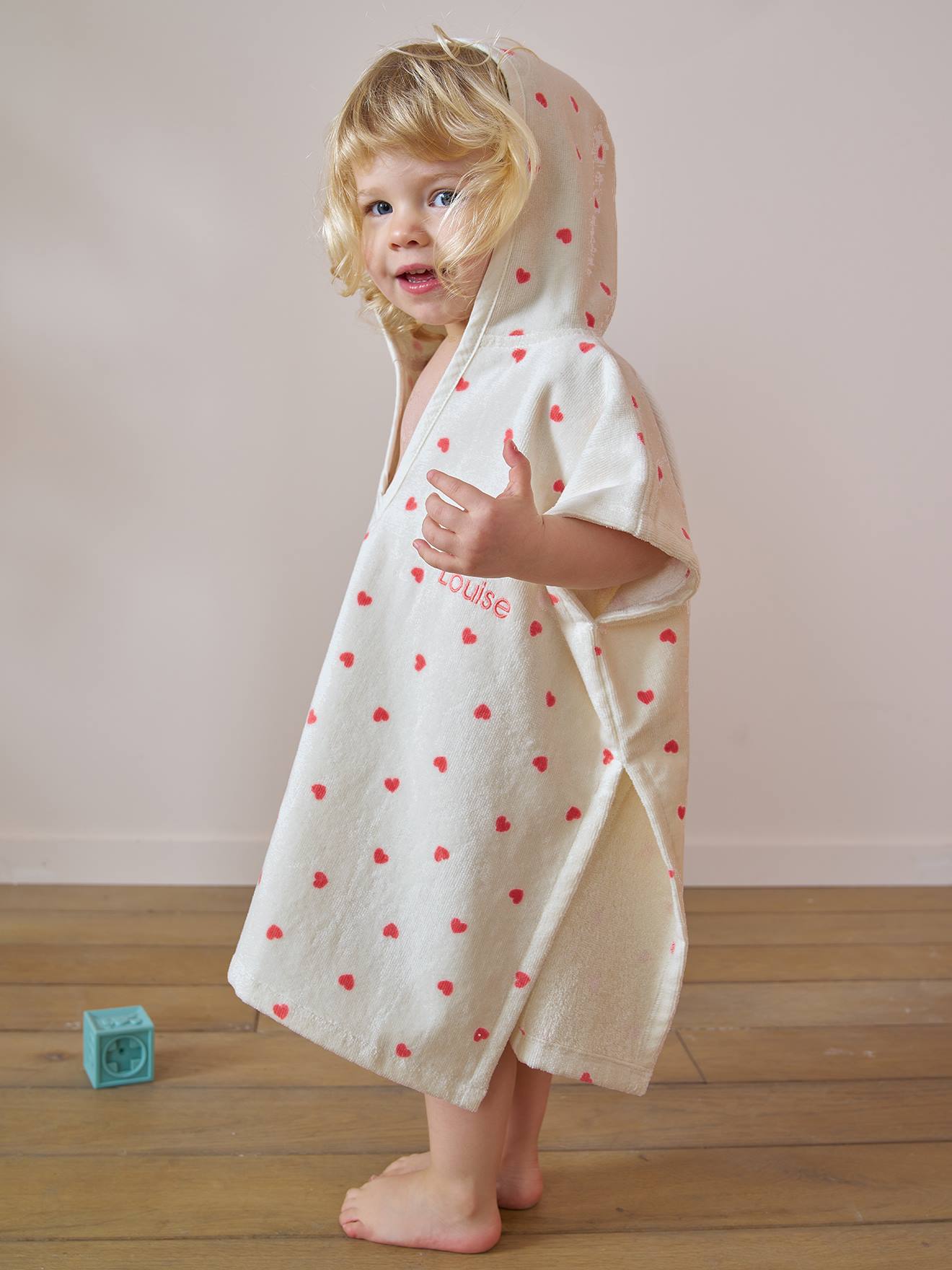 Poncho bébé coton recyclé personnalisable MON CŒUR rose imprimé (Vertbaudet) - Couverture