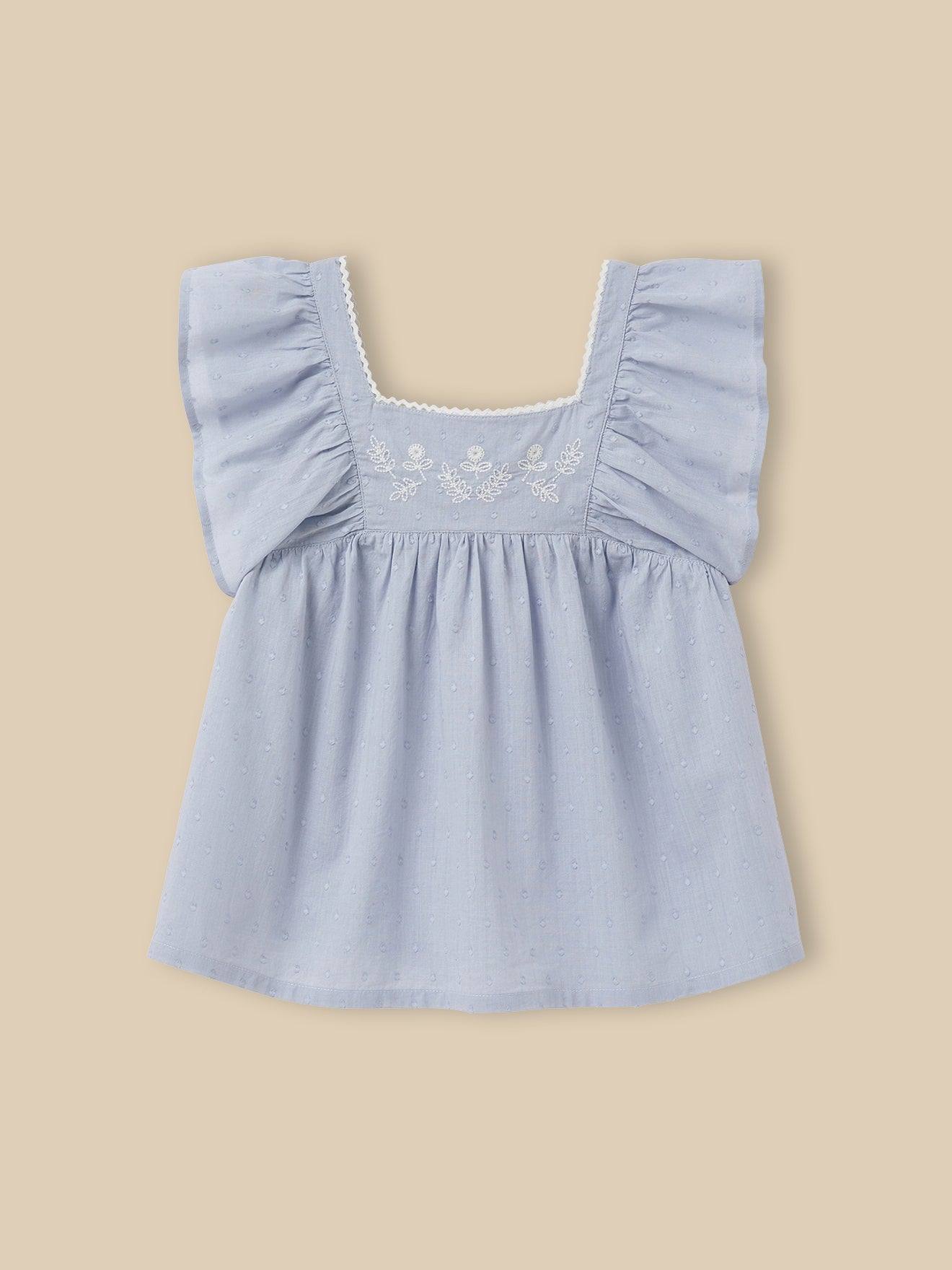 Blouse Fille En Plumetis Brodé Bleu Clair