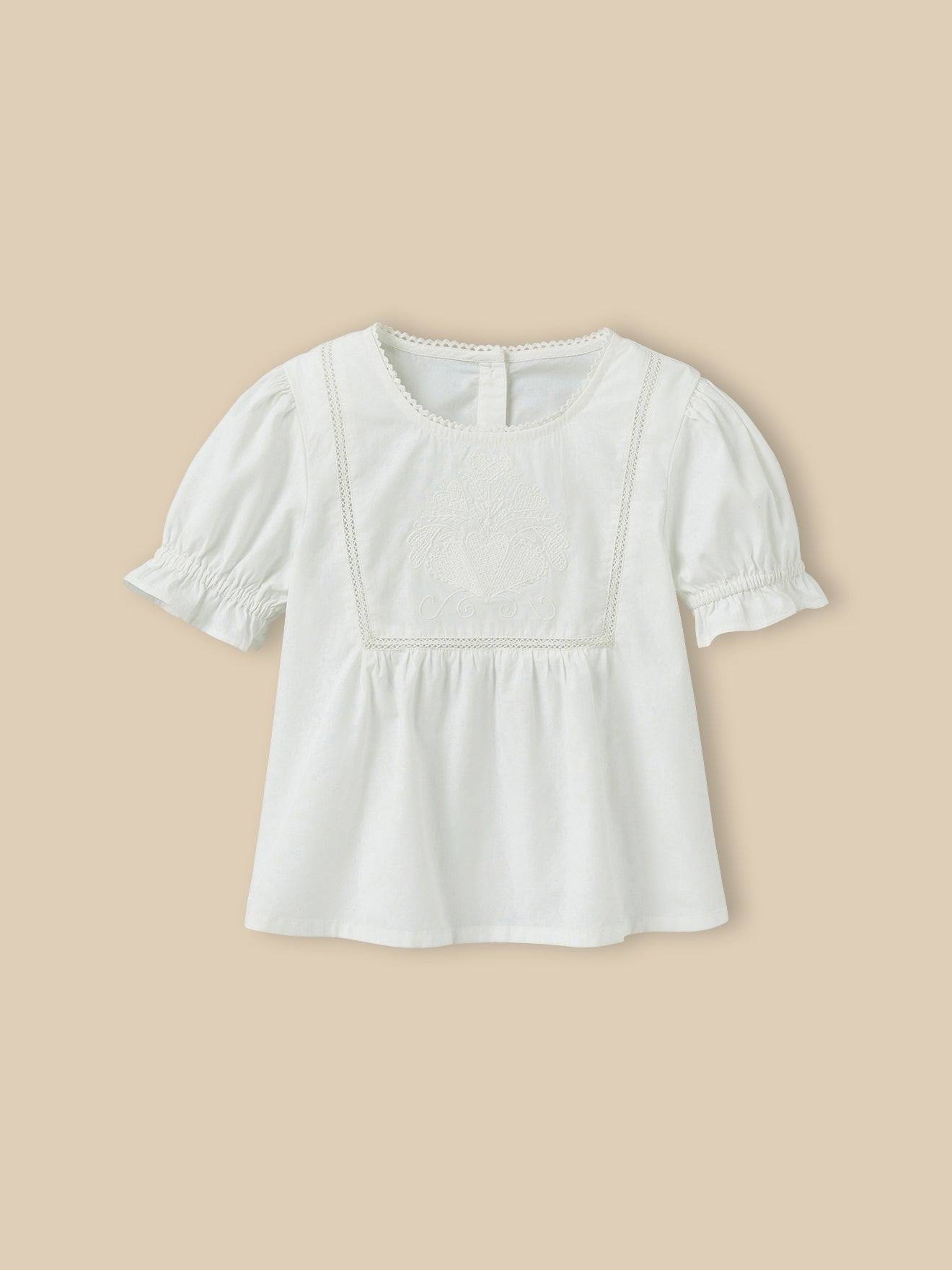 Blouse Fille Plastron Brodée Ecru