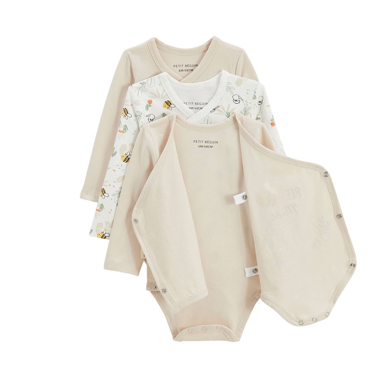 Lot De 3 Bodies Bébé Manches Longues Ouverture Croisée Eden Beige (Petit Beguin) - Image 2