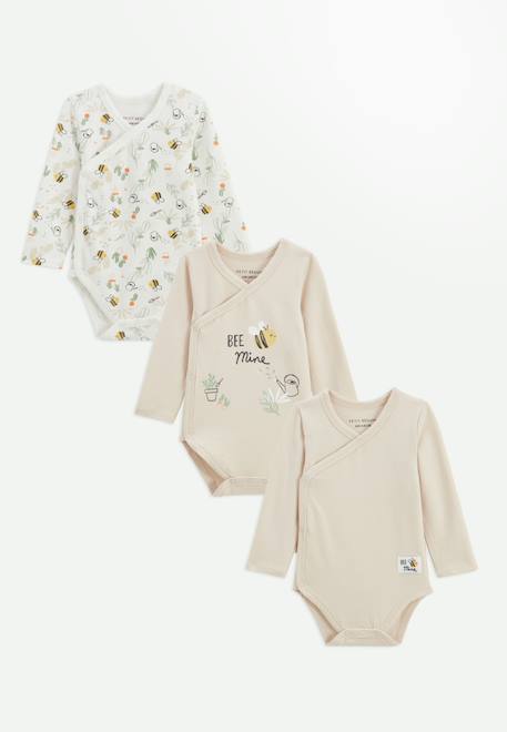 Petit Beguin - Lot De 3 Bodies Bébé Manches Longues Ouverture Croisée Eden Beige