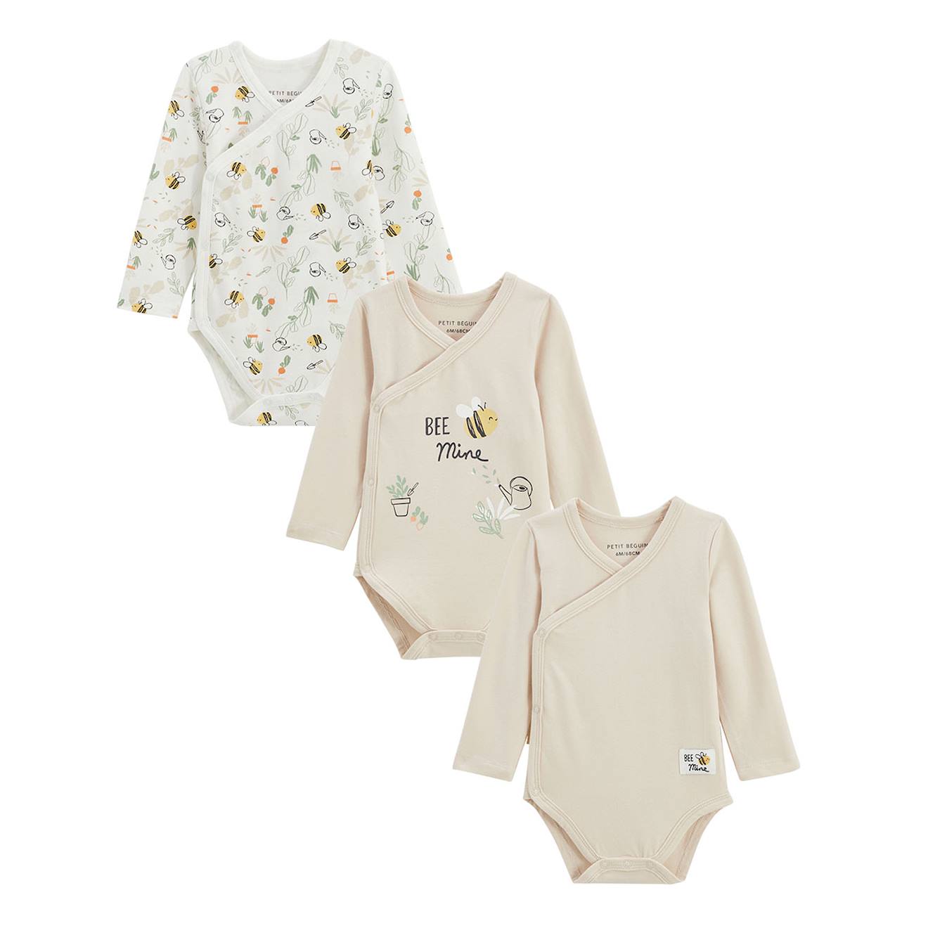 Lot De 3 Bodies Bébé Manches Longues Ouverture Croisée Eden Beige (Petit Beguin) - Image 1