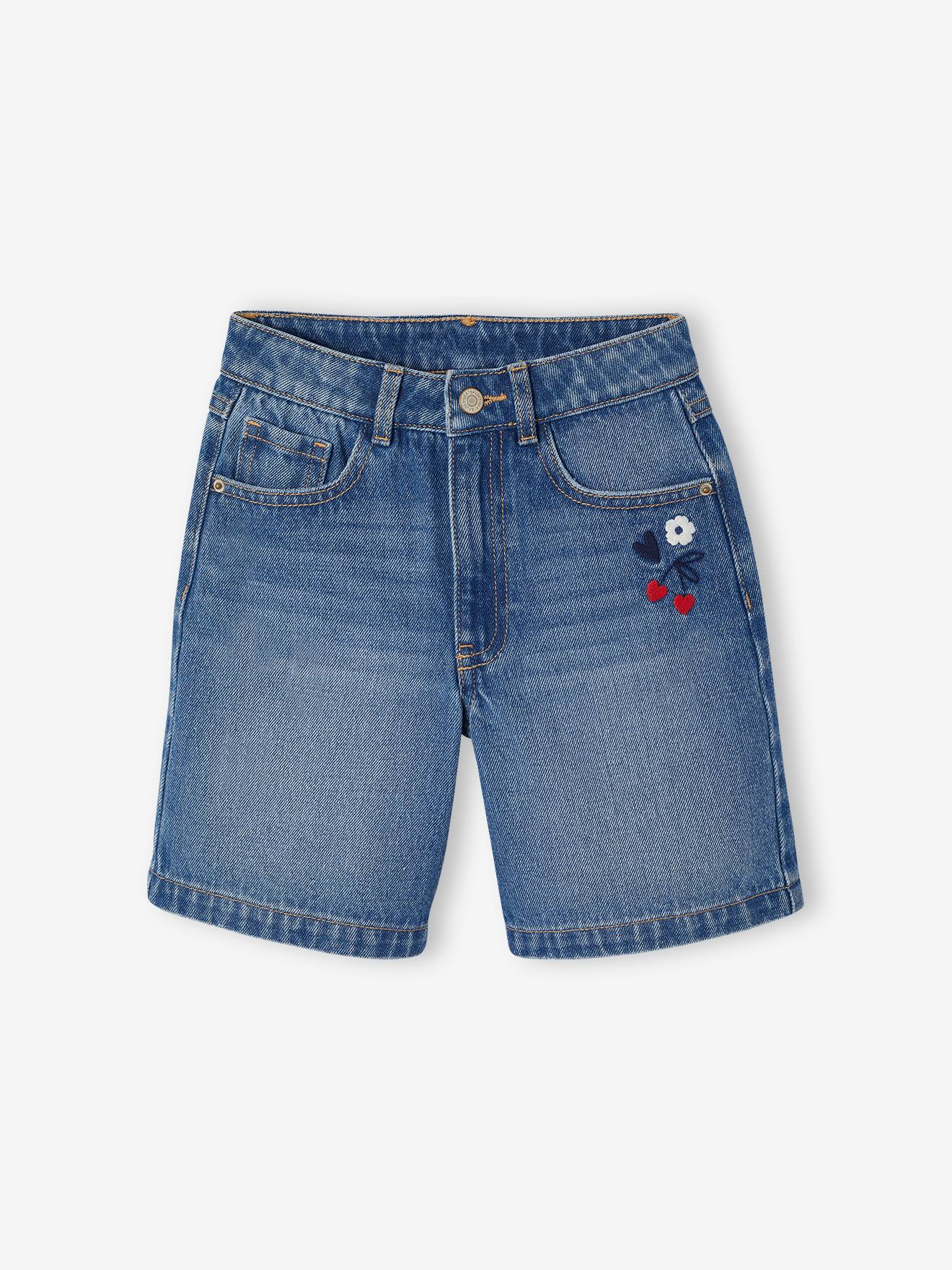 Bermuda fille en jean brodé fleurs bleu moyen