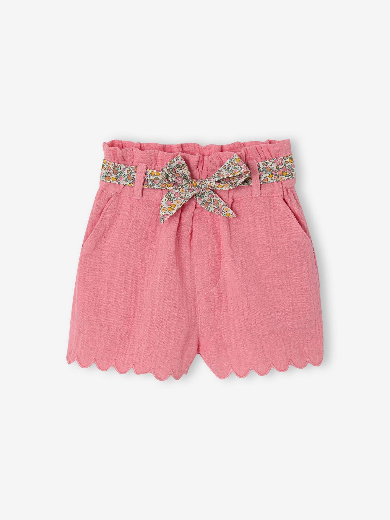 Short bébé fille en gaze de coton ceinture imprimée rose bonbon