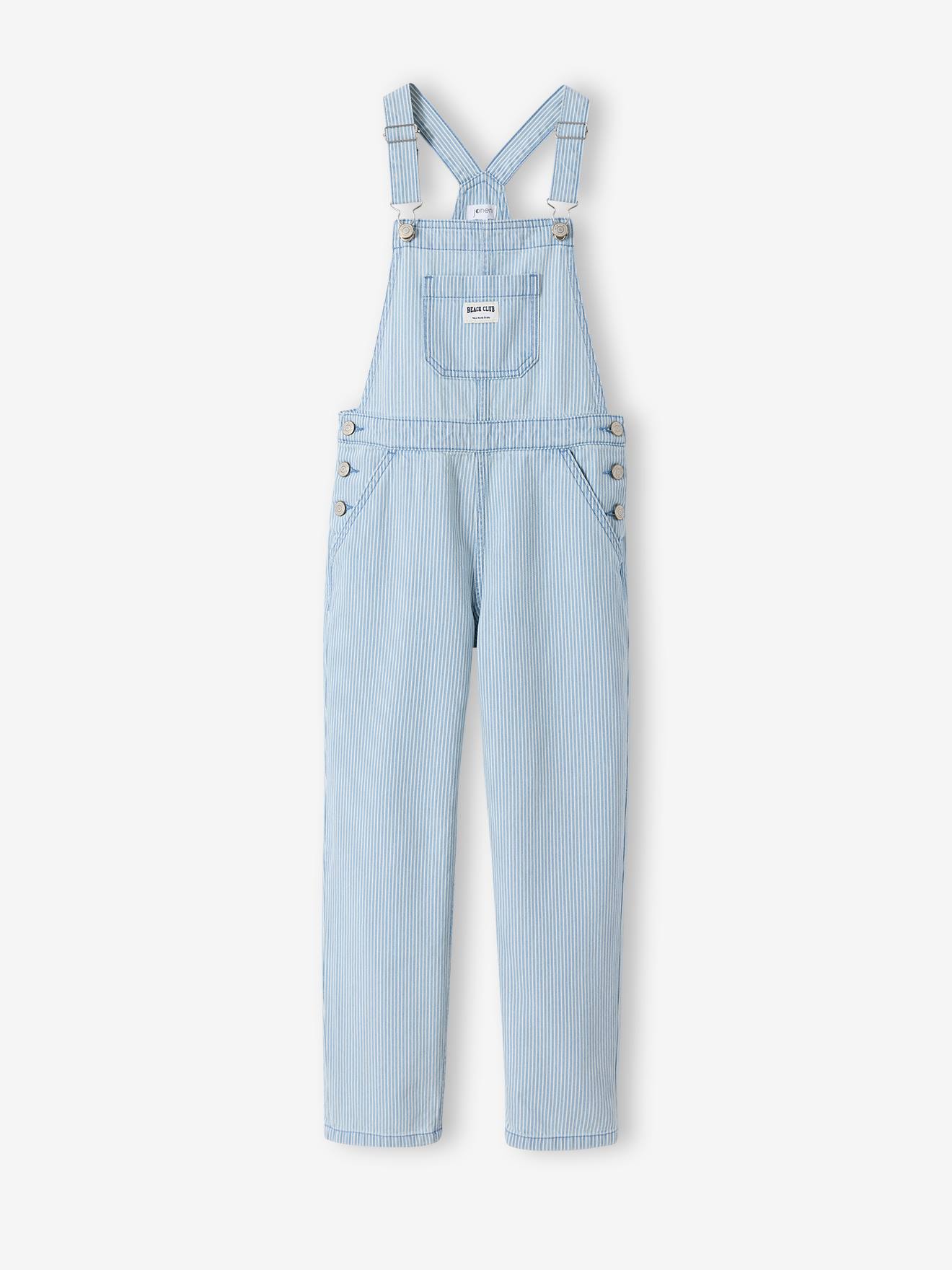 Salopette fille fines rayures rayé bleu