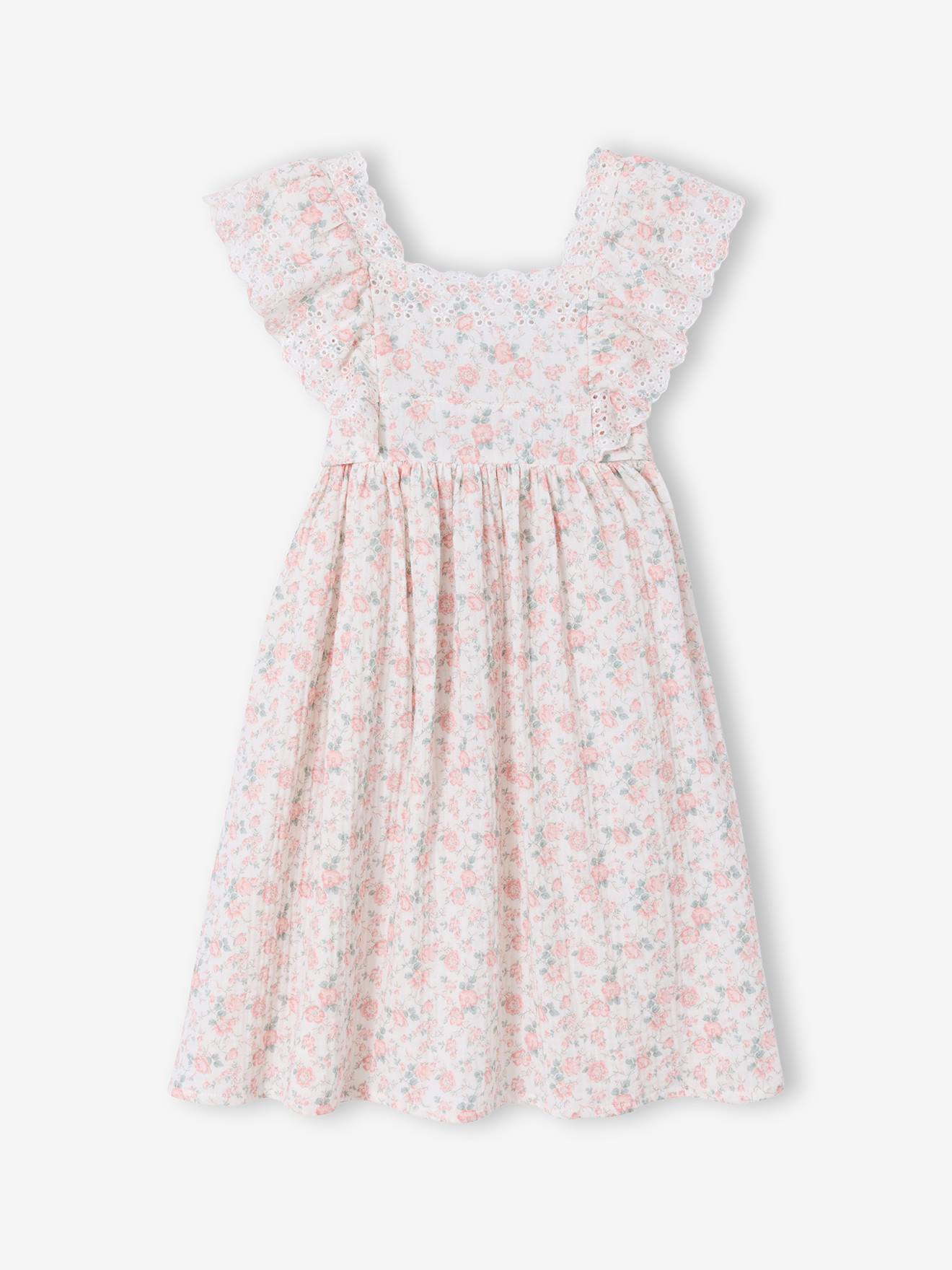 Robe de cérémonie en gaze de coton fille manches en broderie anglaise rose pâle