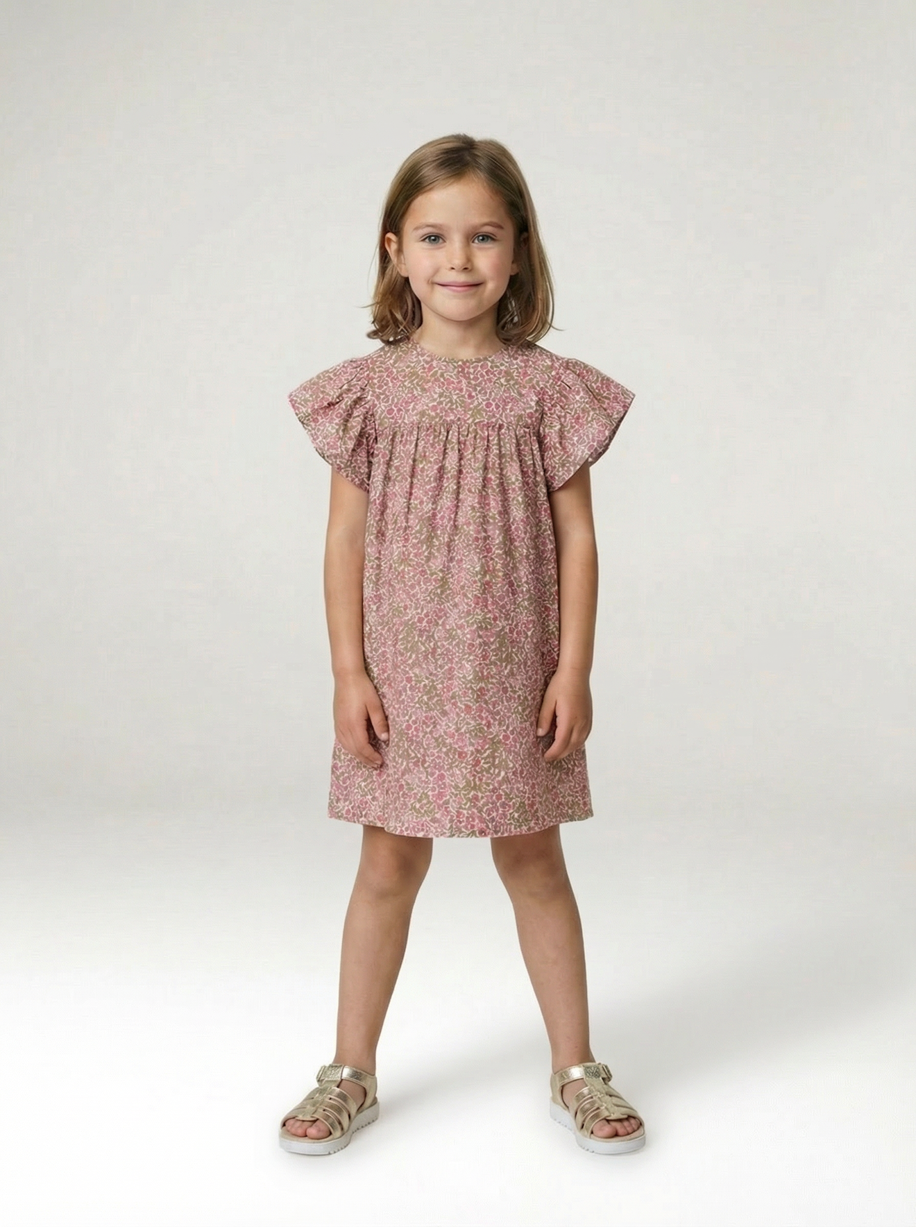 Robe fille en gaze de coton imprimée rose pâle