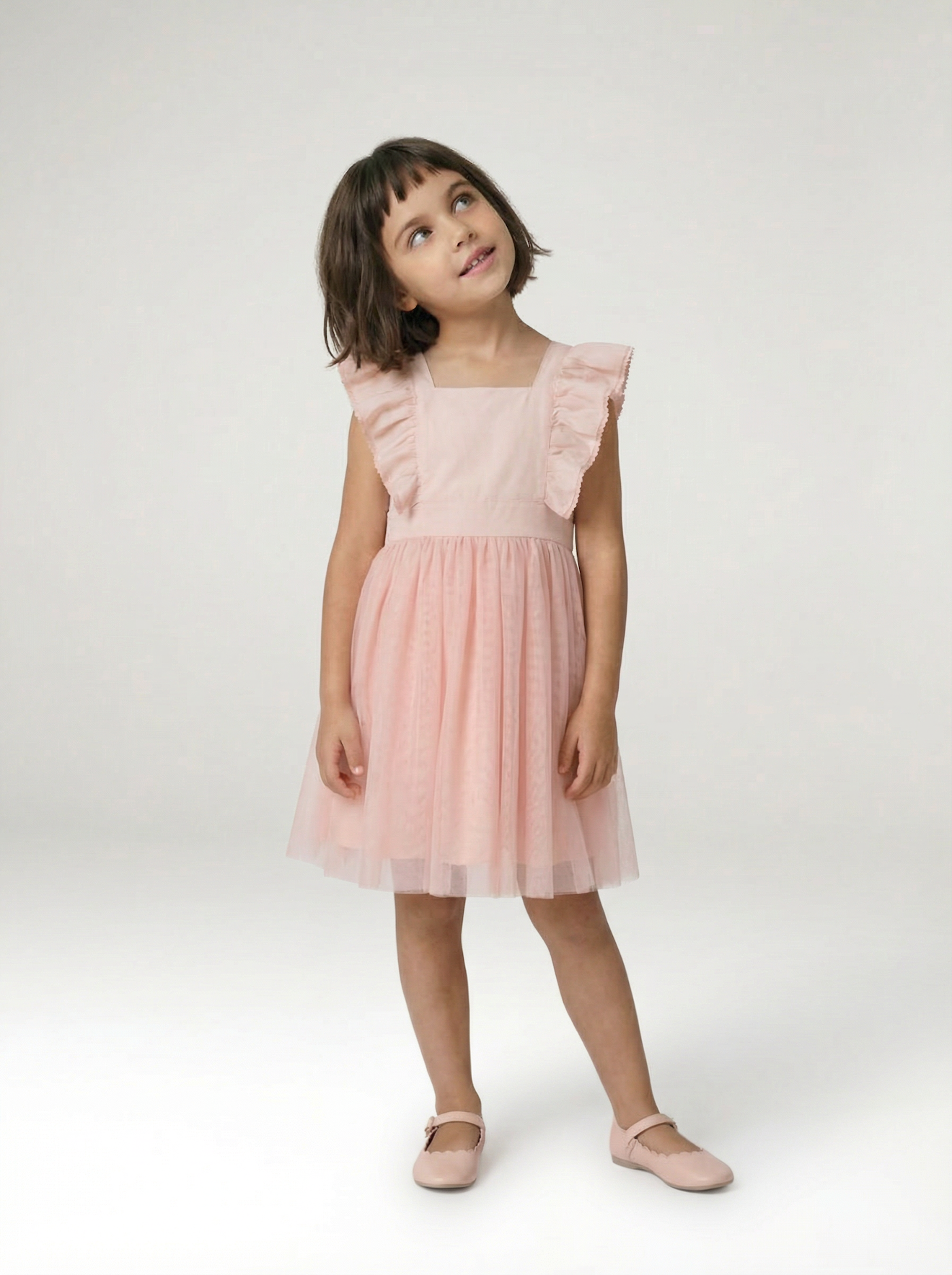 Robe cérémonie fille satin de coton à volants rose pâle